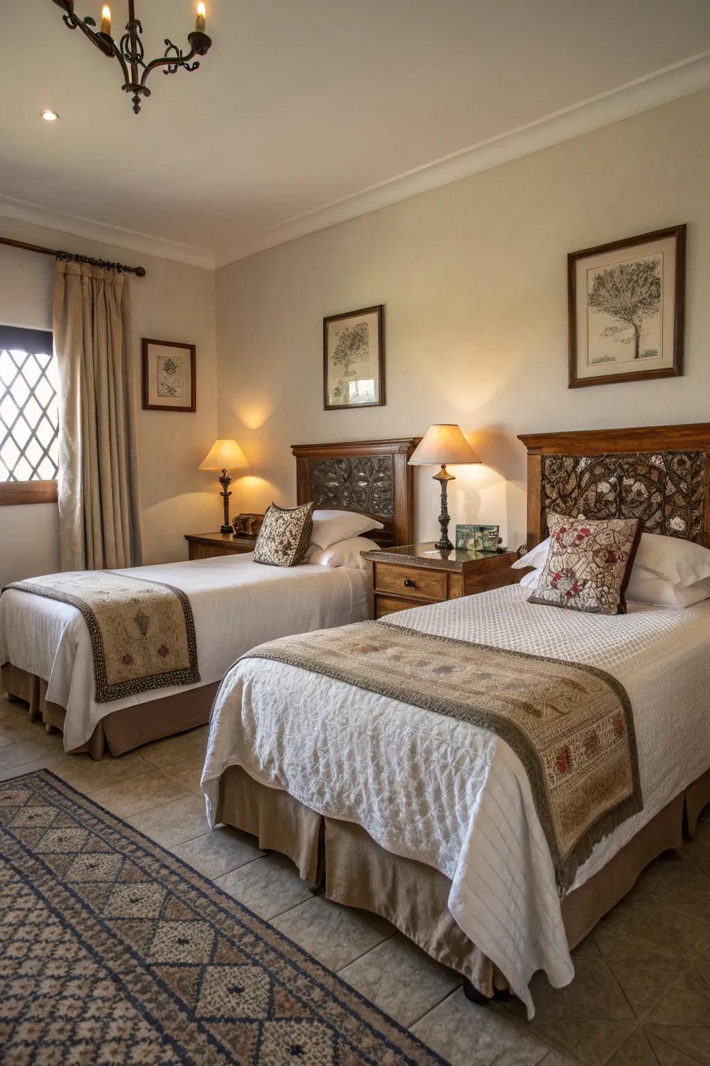 Symmetrical twin beds craft a balanced and harmonious ambiance in the bedroom.