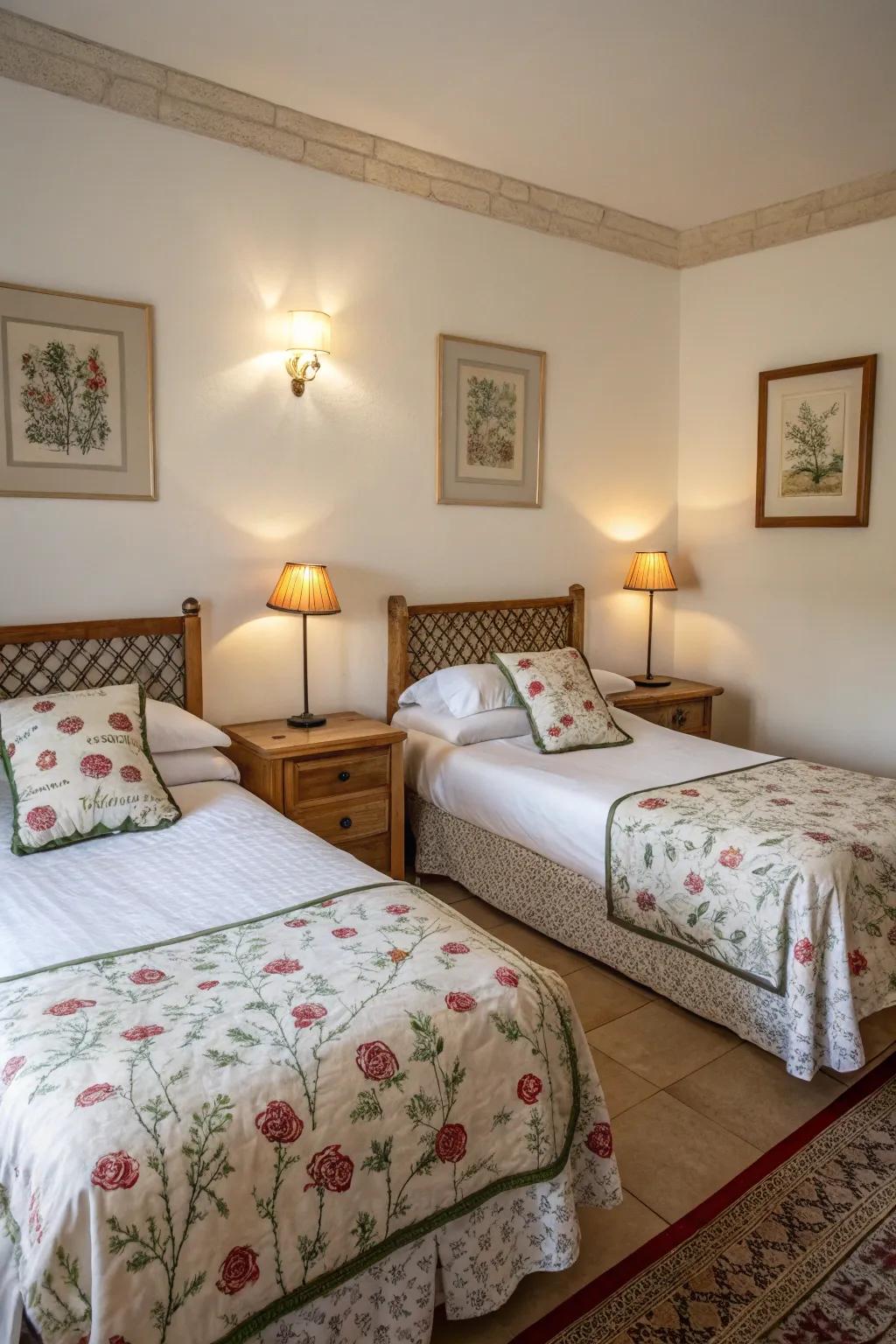 A unified design in a twin bedroom brings together a polished look.