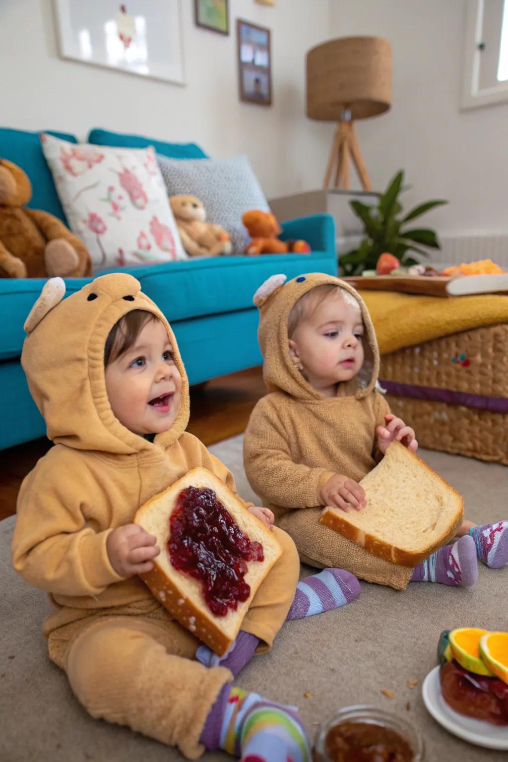 A perfect match: twins dressed as butterscotch and jelly sandwiches.