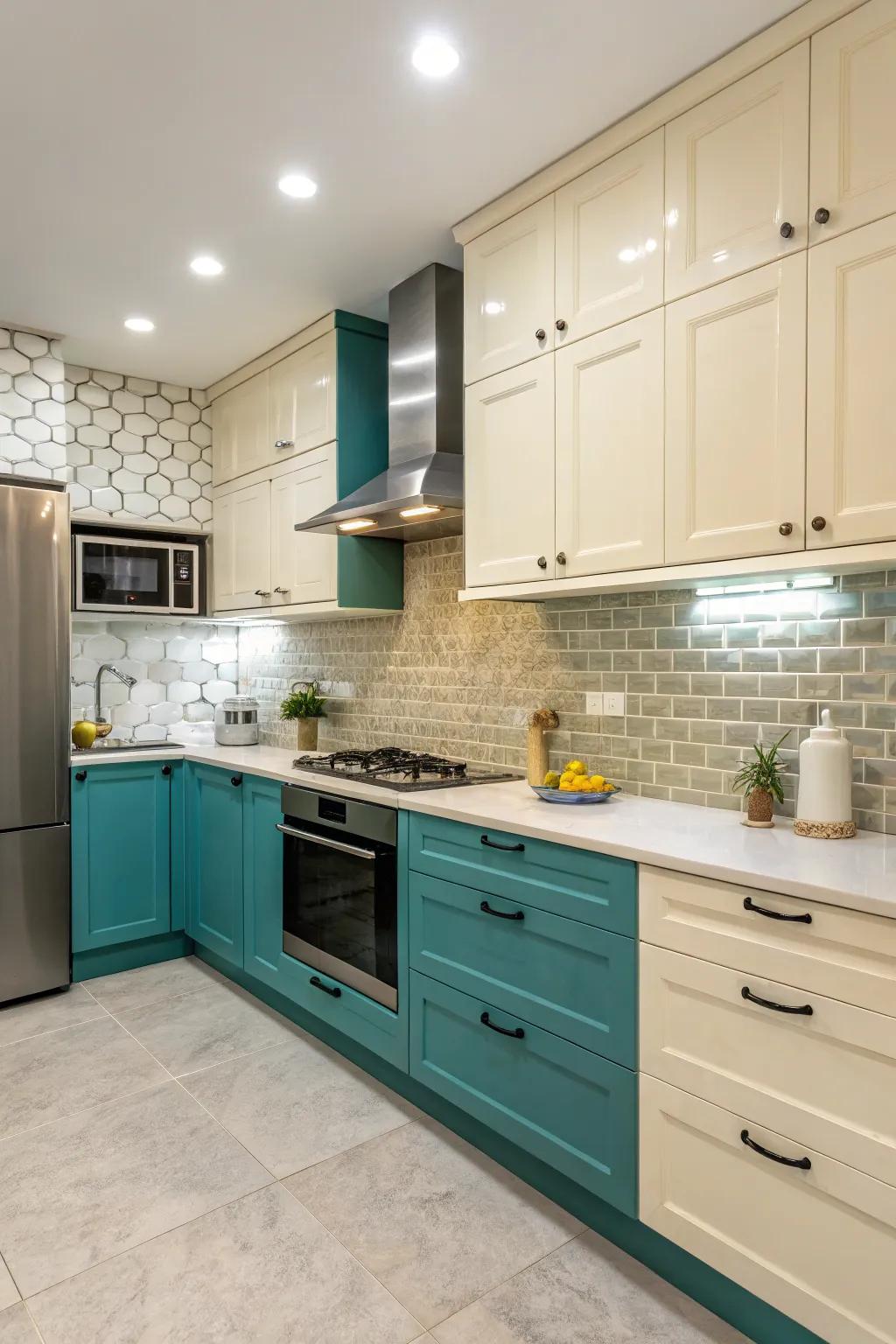 A kitchen displaying a vibrant color dichotomy between its two backsplashes.