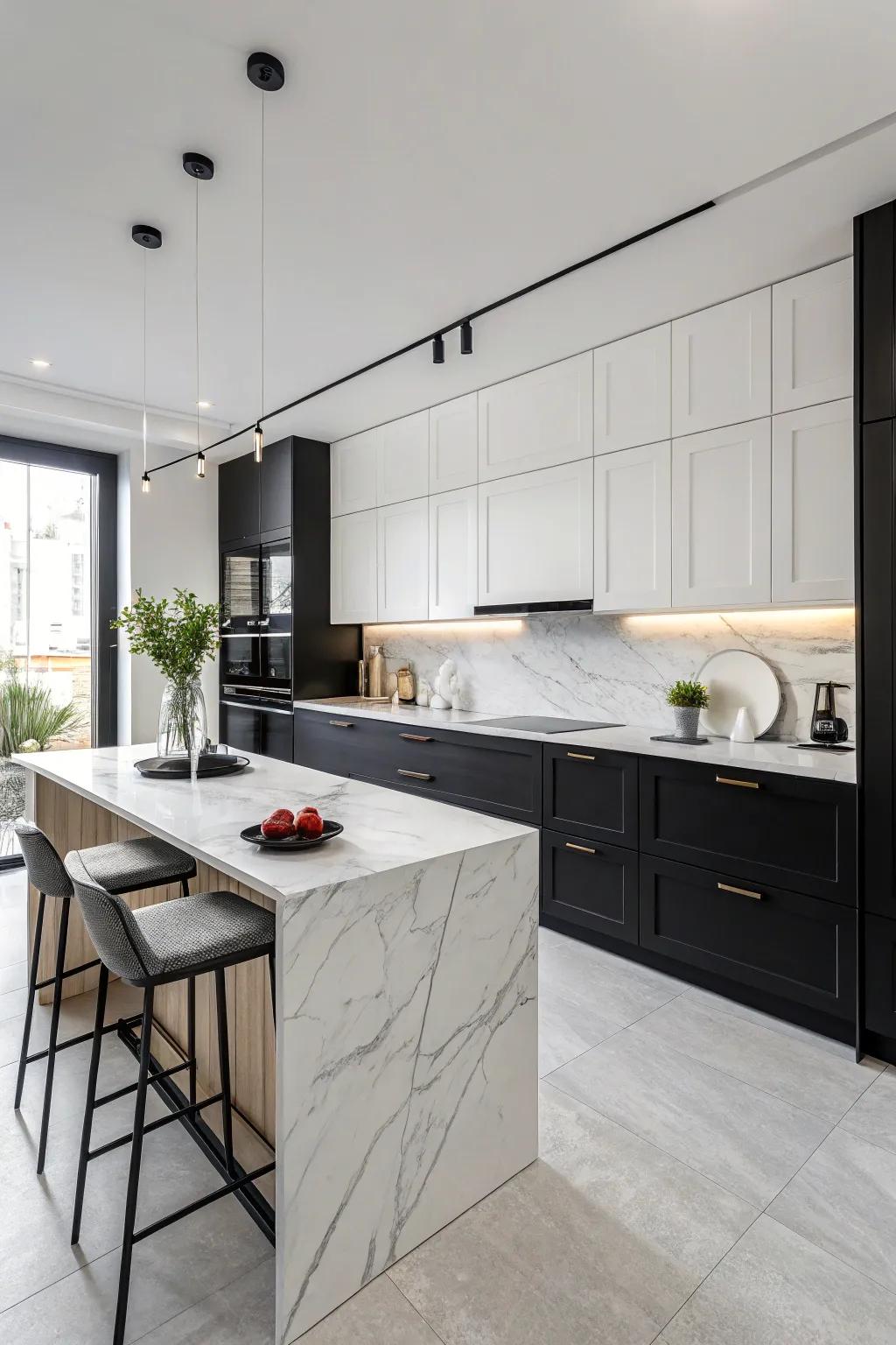 A classic black and white kitchen radiating sophistication.
