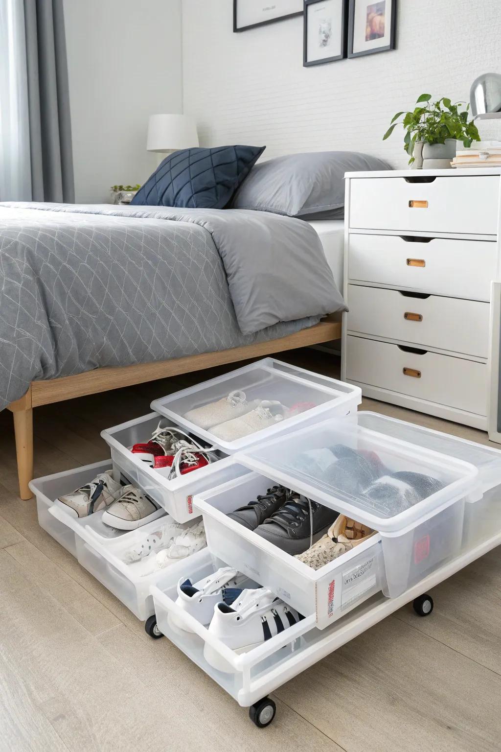 Maintain your shoe collection with ease using rolling under-bed storage.