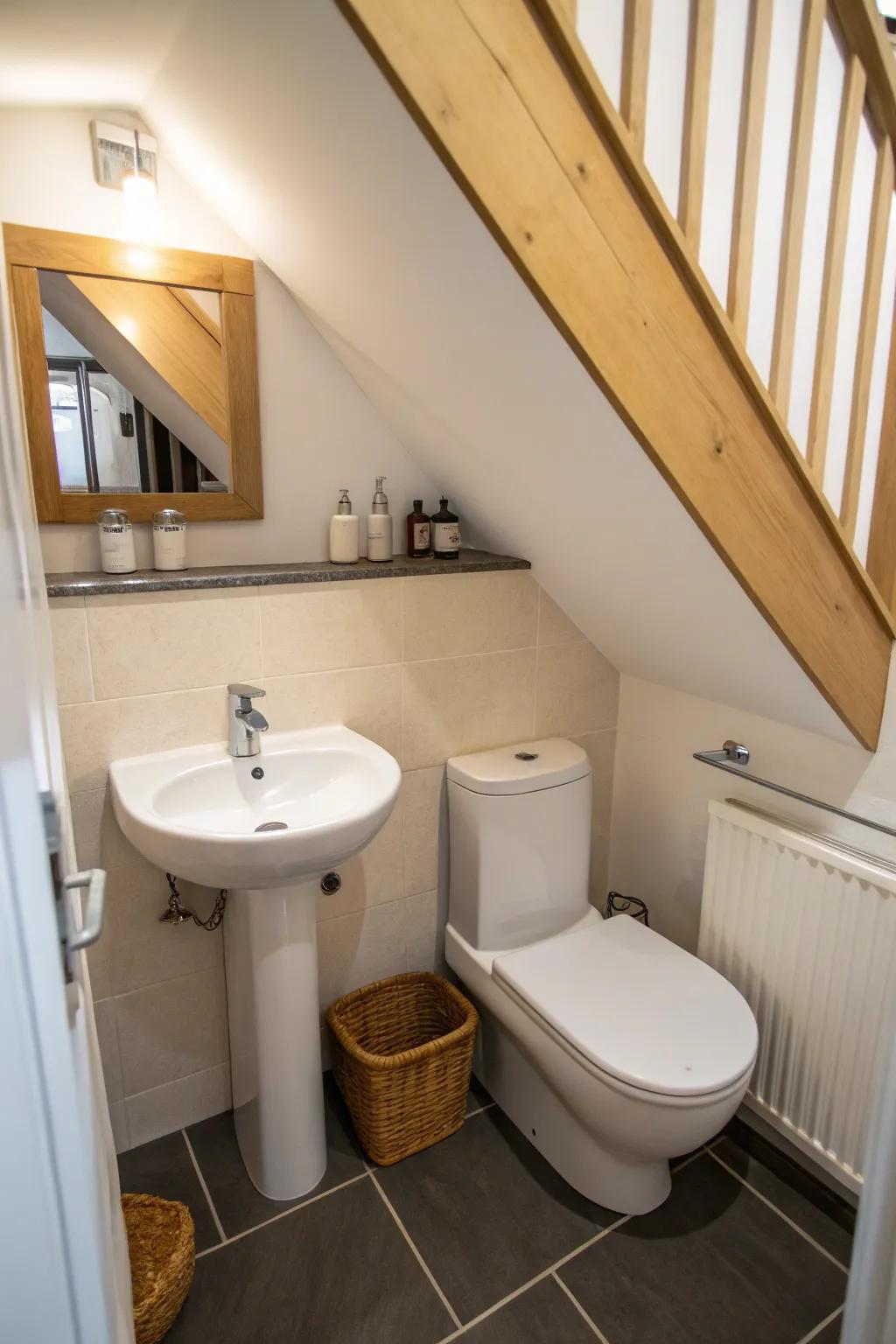 A bathroom under the stairs featuring a clever, small layout using a corner sink and a toilet fixed to the wall.