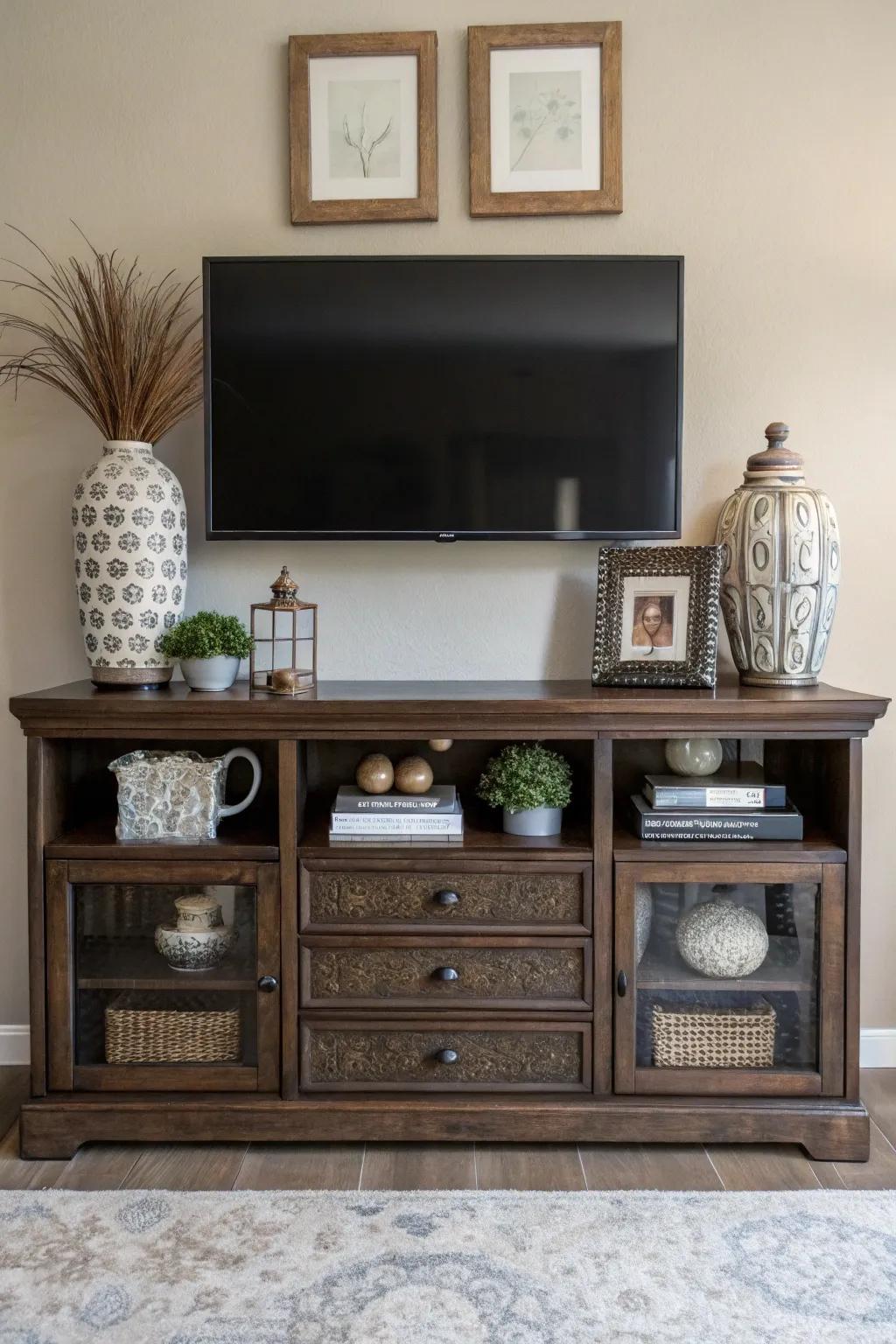 A classic media center adds both flair and utility beneath your mounted television.