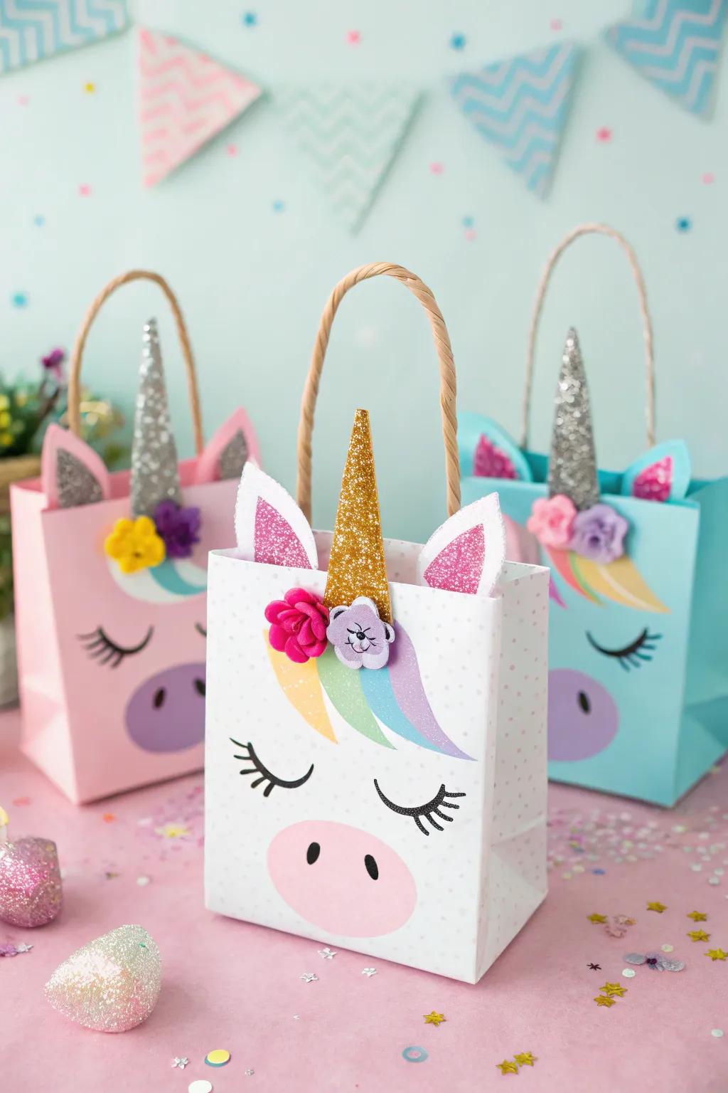 Unicorn treat bags decorated with felt ears and shimmering horns.