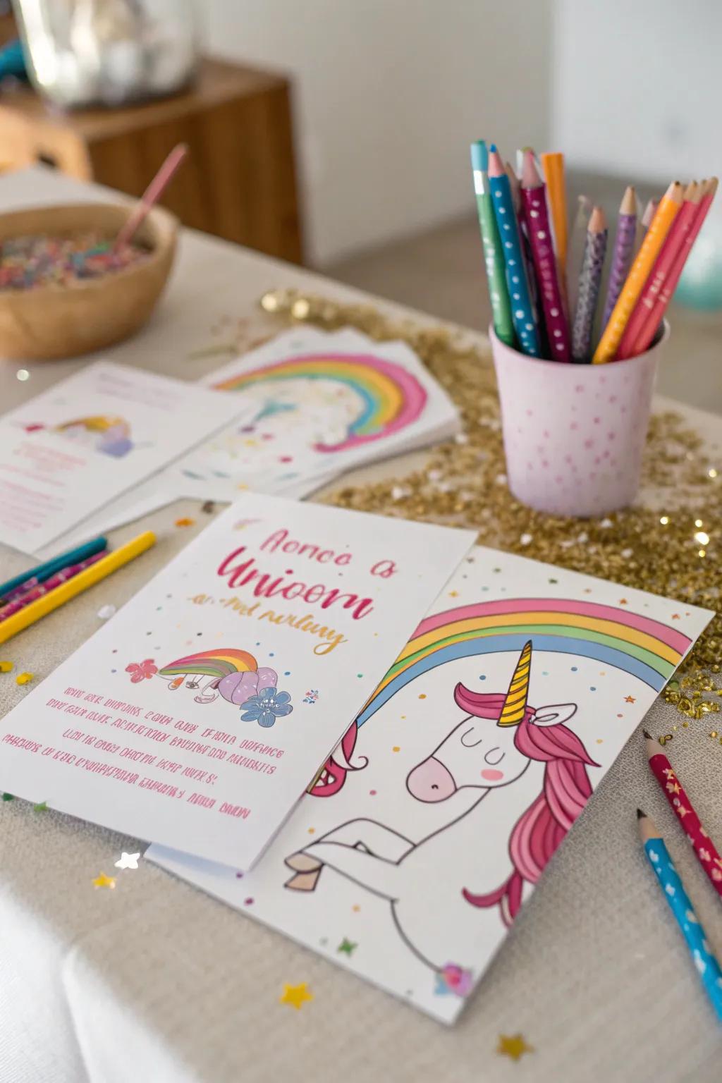 Hand-fashioned unicorn invitations woven with affection and inventiveness.