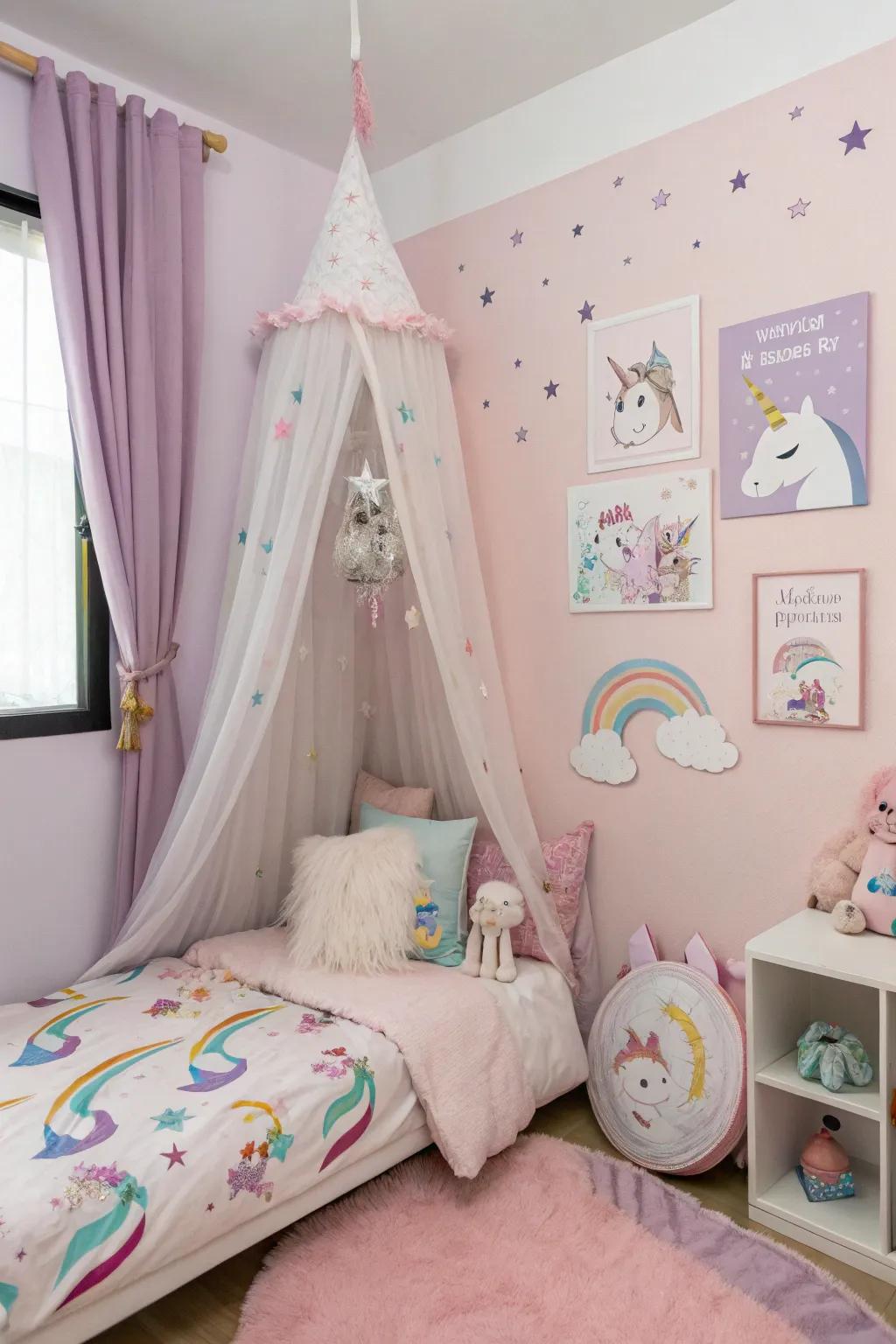 Pastel shades create the base for an enchanting magical creature-inspired room.