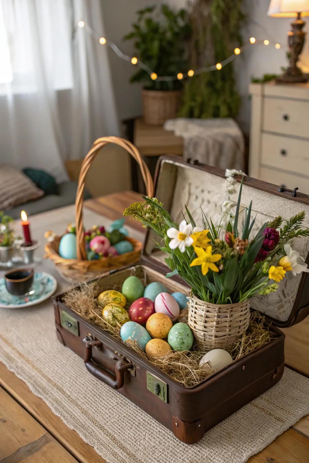 An antique travel trunk fashioned into a delightful Easter basket.