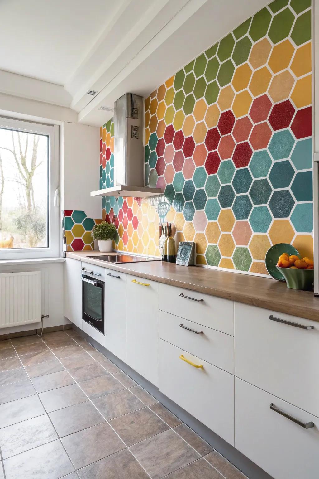 Bring in a contemporary touch with multi-colored hexagonal tiles.