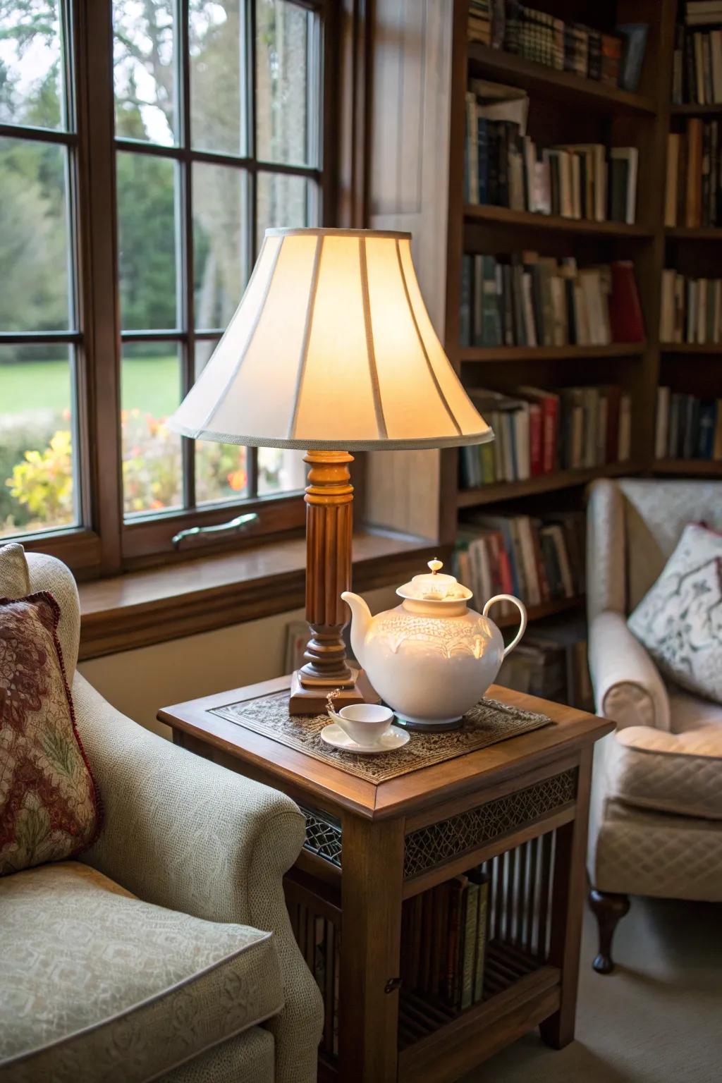 A quaint kettle lamp, perfect for a cozy corner.