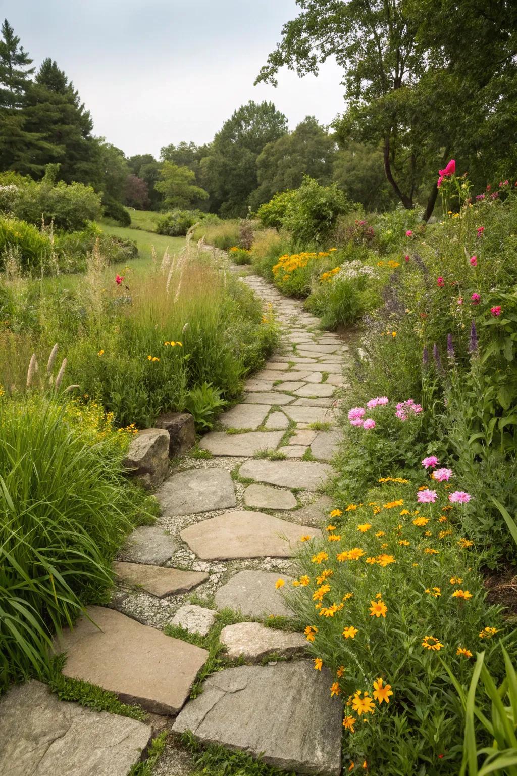 Uneven stone paths effortlessly merge with nature, adding a dash of rustic sophistication.