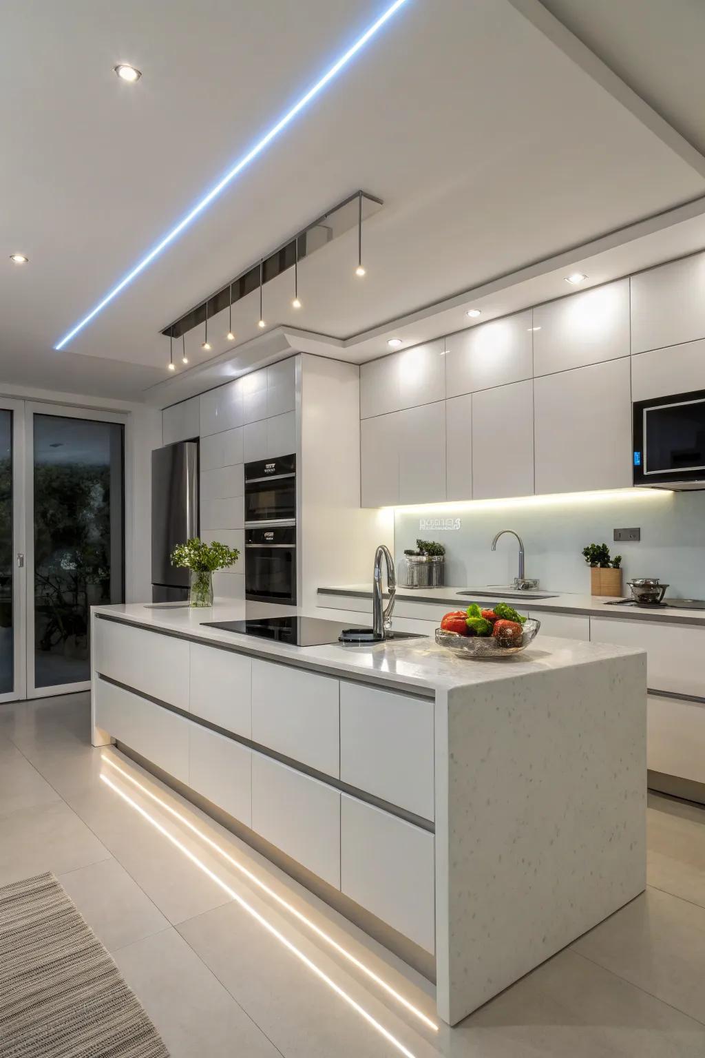 Subtle lumina strip lighting enriches the contemporary kitchen's ambiance.