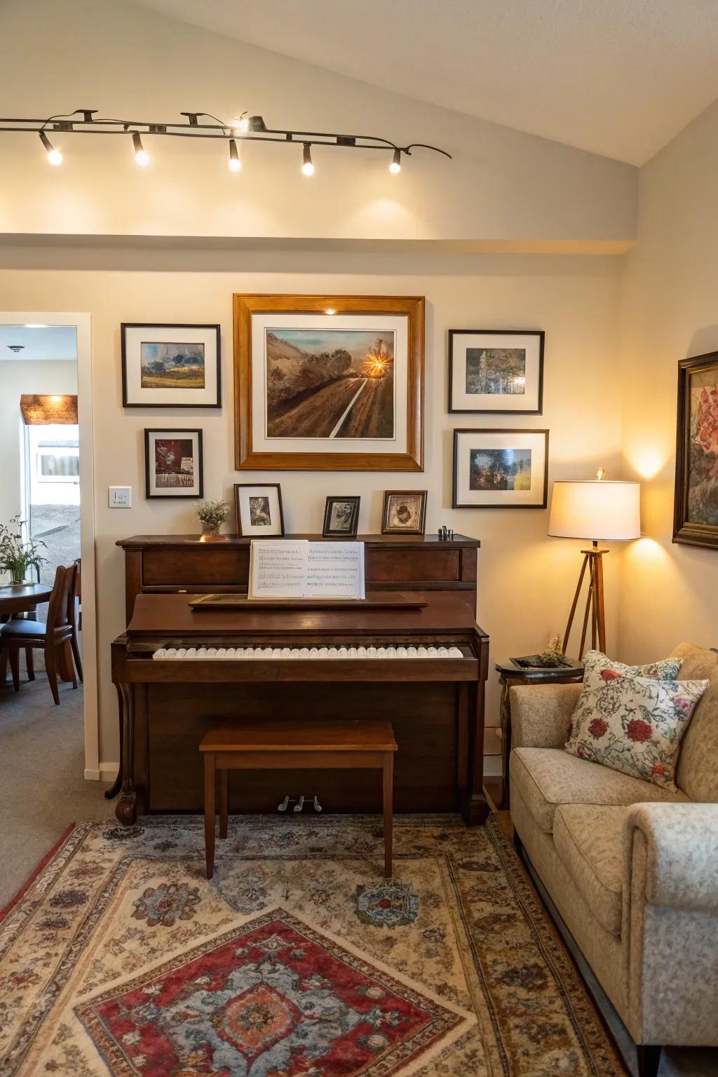 A welcoming lounge featuring an upright piano enhanced by an overhead art gallery display.