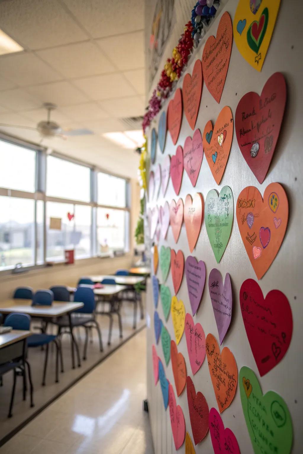 A display of hearts, each with a student's name, fosters a sense of community.