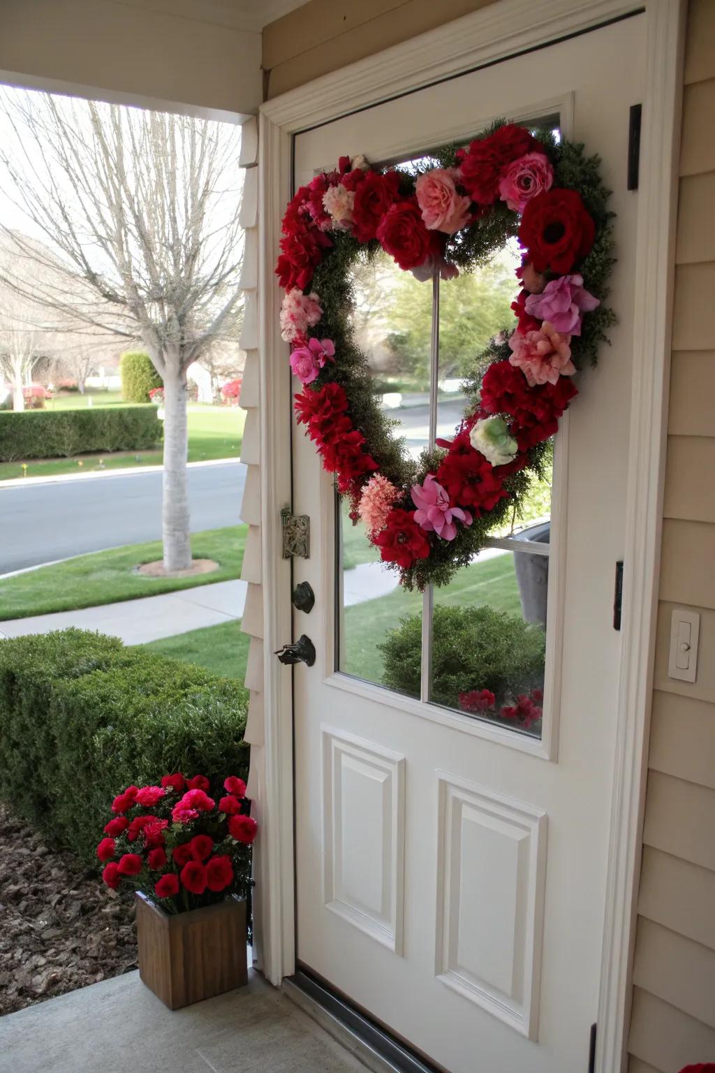Floral heart-shaped garland sets a welcoming tone for the entryway