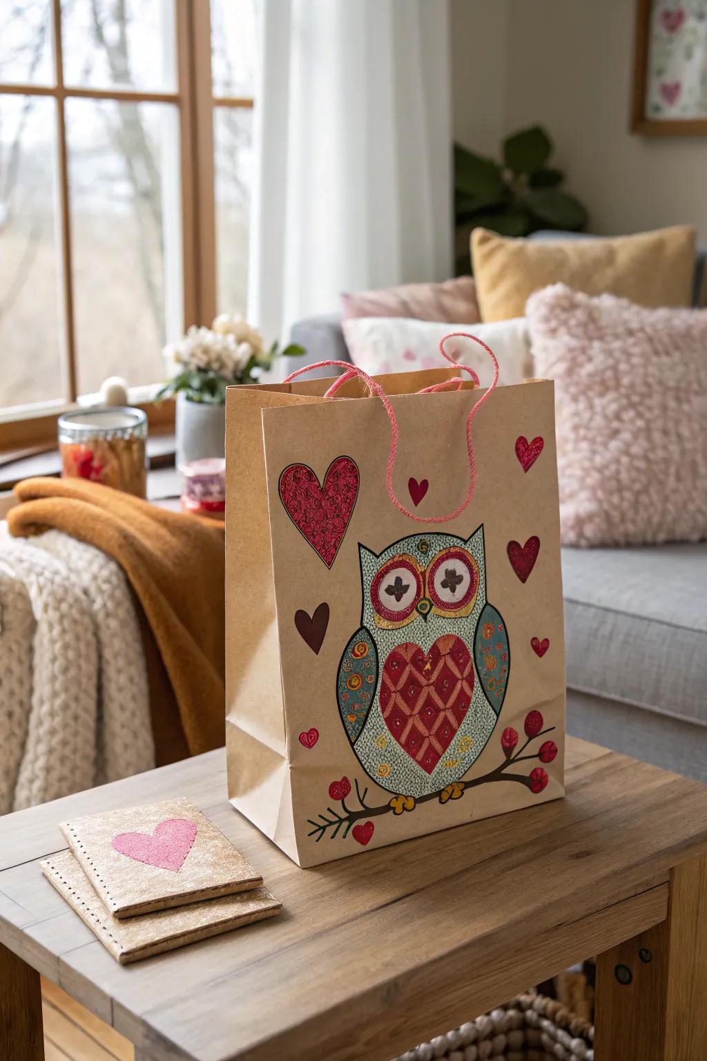 An adorable owl-themed Valentine's Day gift bag.