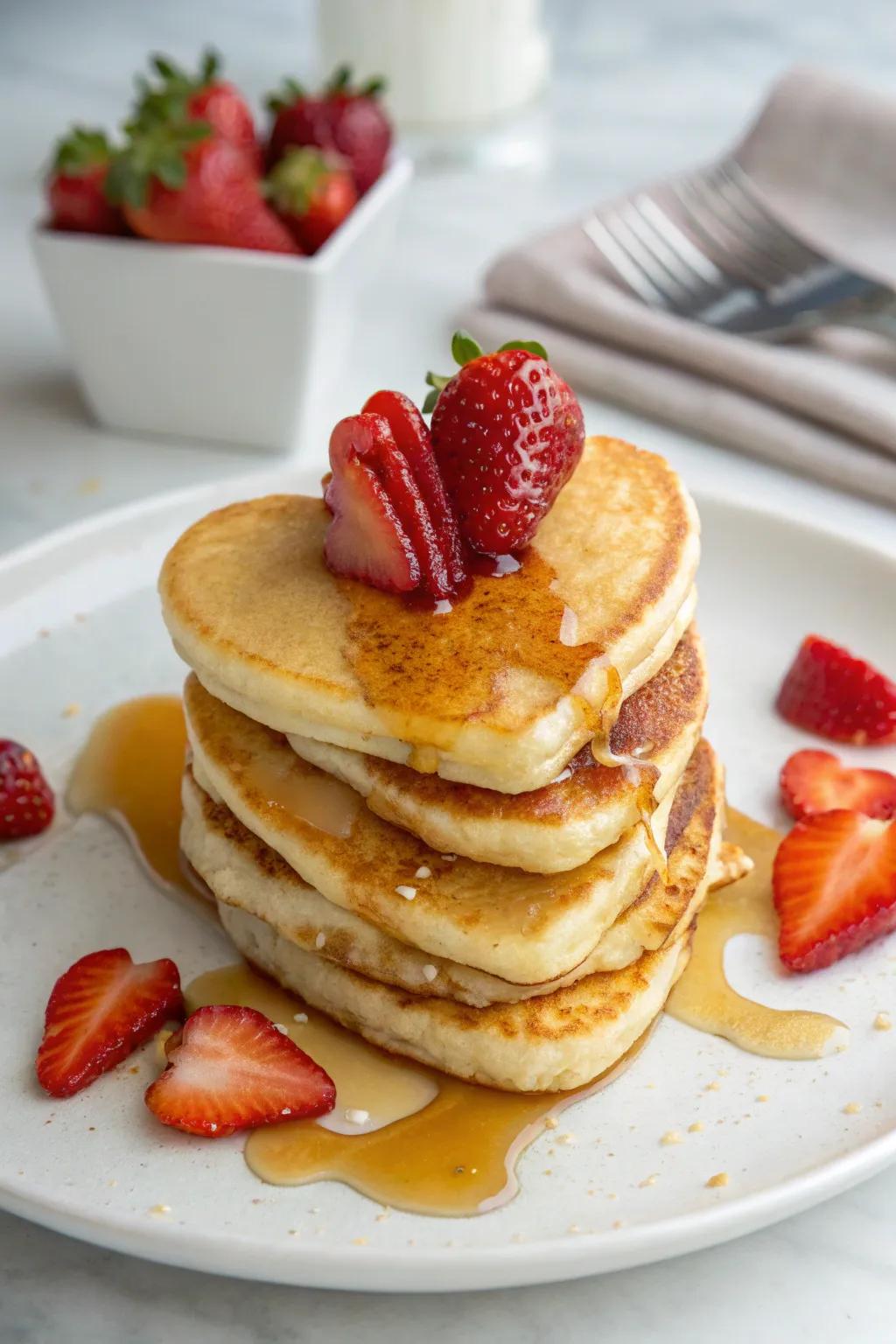 Scrumptious heart-shaped pancakes adorned with fresh strawberries.