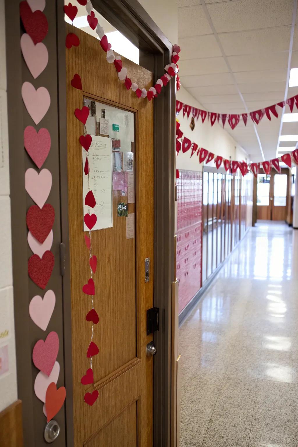 A classroom door showing a falling garland of crimson and rose hearts, ideal for Valentine's Day.