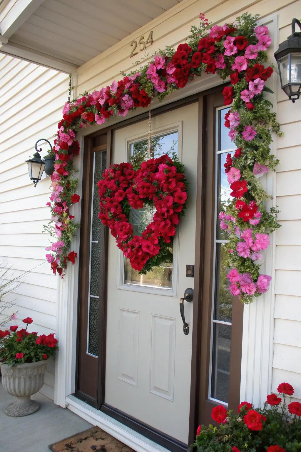 A floral heart wreath brings a touch of romance to any Valentine's Day door.