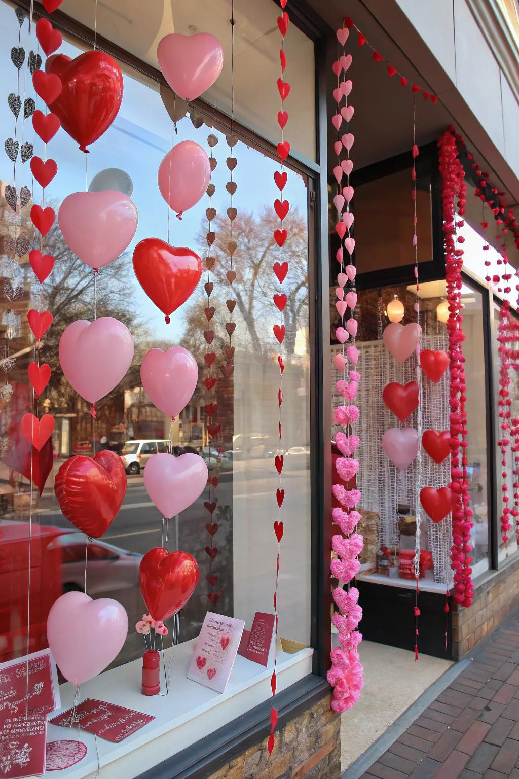 A store showing off a lot of heart decorations for Valentine's Day.