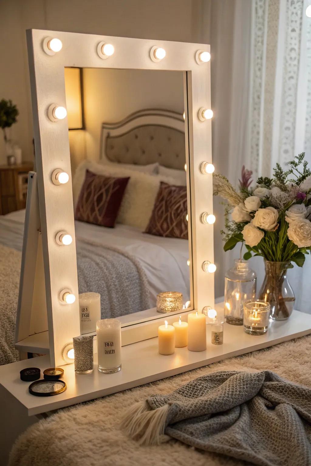 A brilliantly illuminated vanity mirror, ideally suited for perfecting makeup looks.
