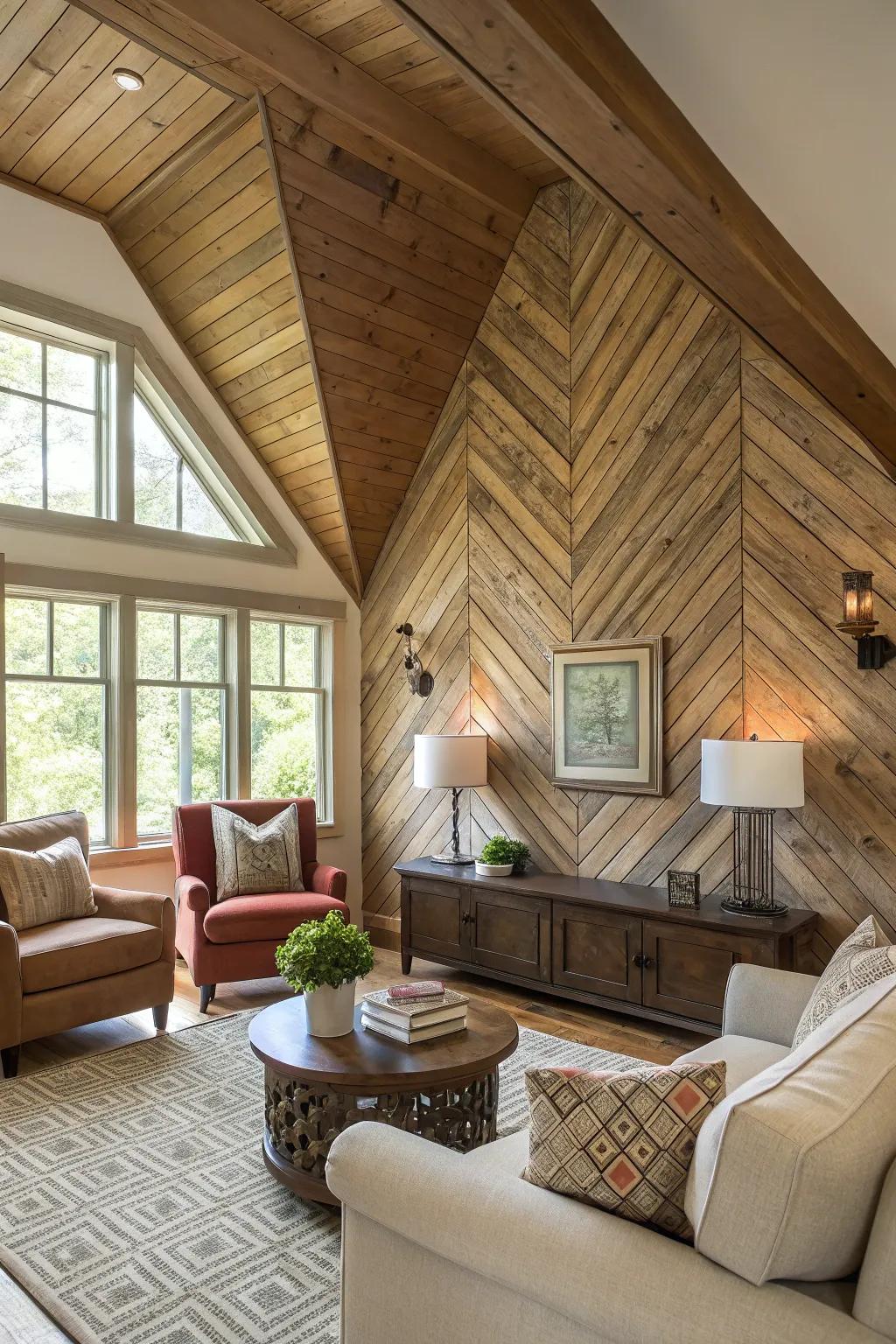 Living room featuring a vaulted ceiling and an embossed wood panel accent wall