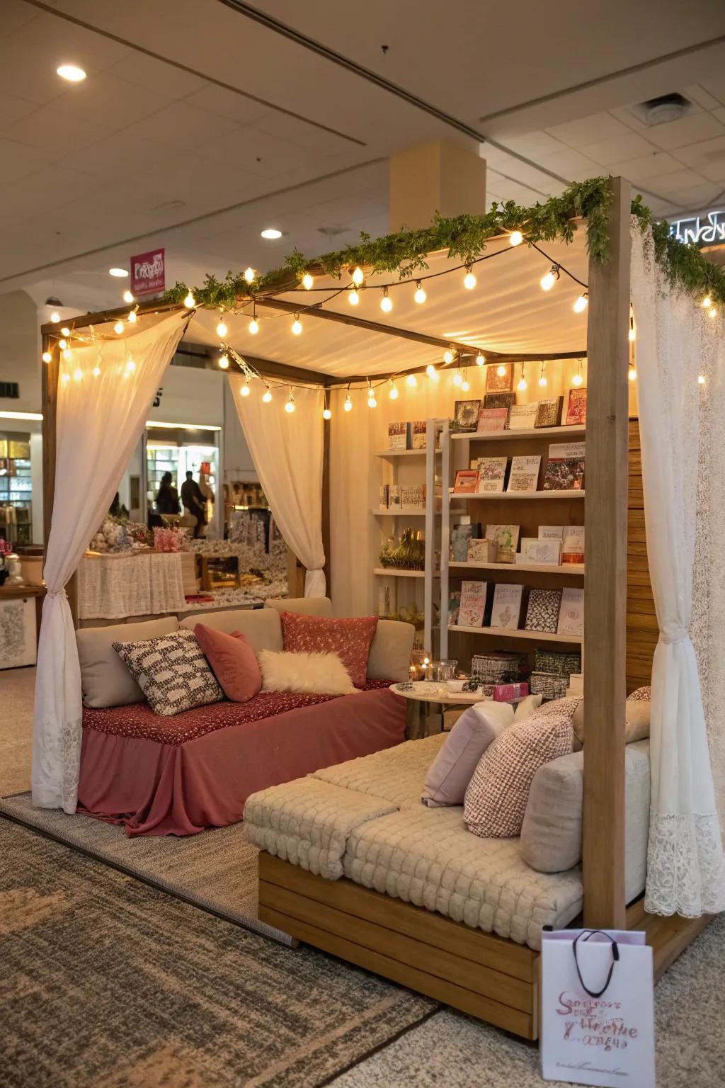 A vendor space reimagined as a chill-out zone with inviting seating.