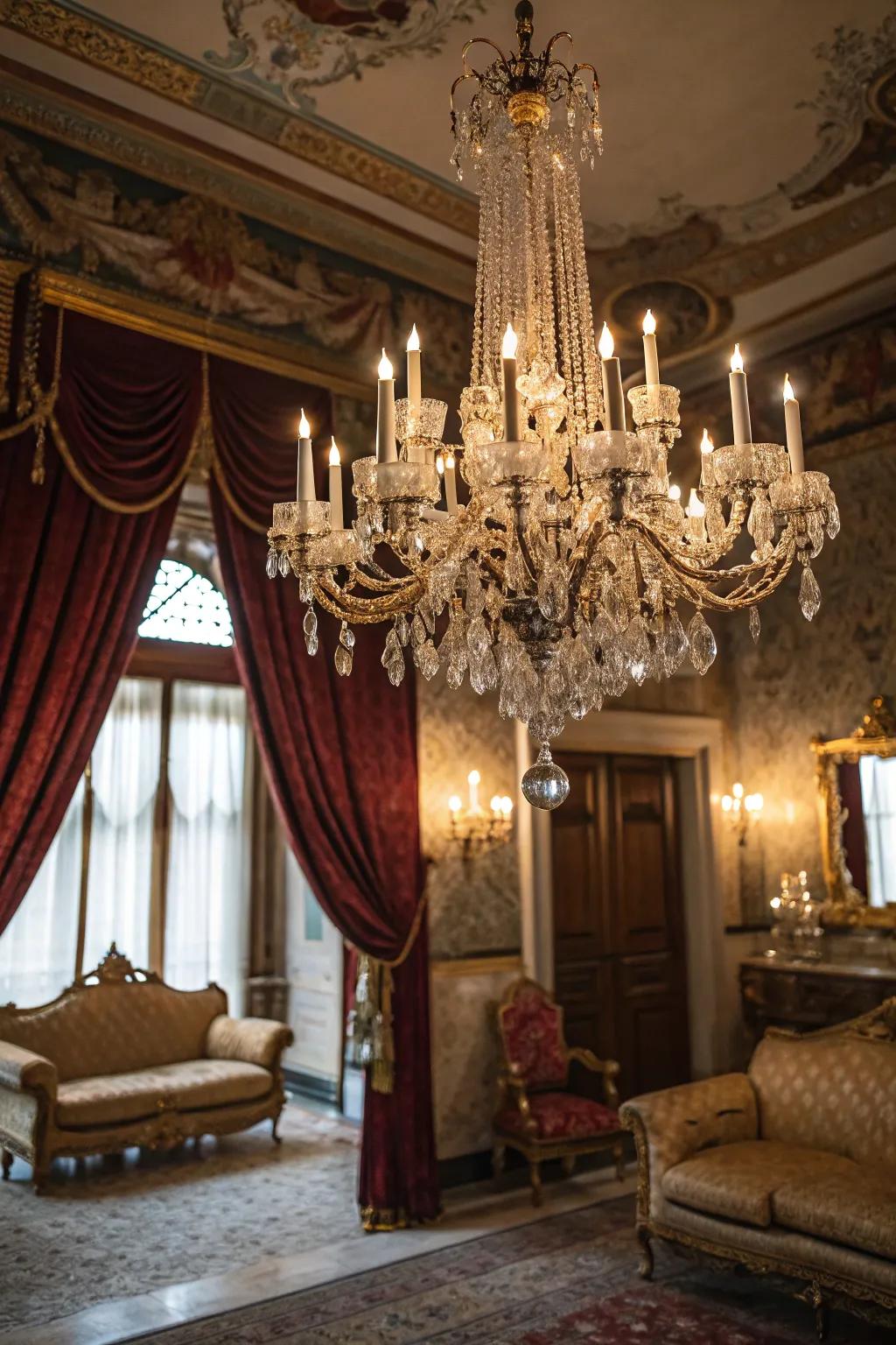 A beautifully detailed Venetian chandelier enlivens this stylish living area.