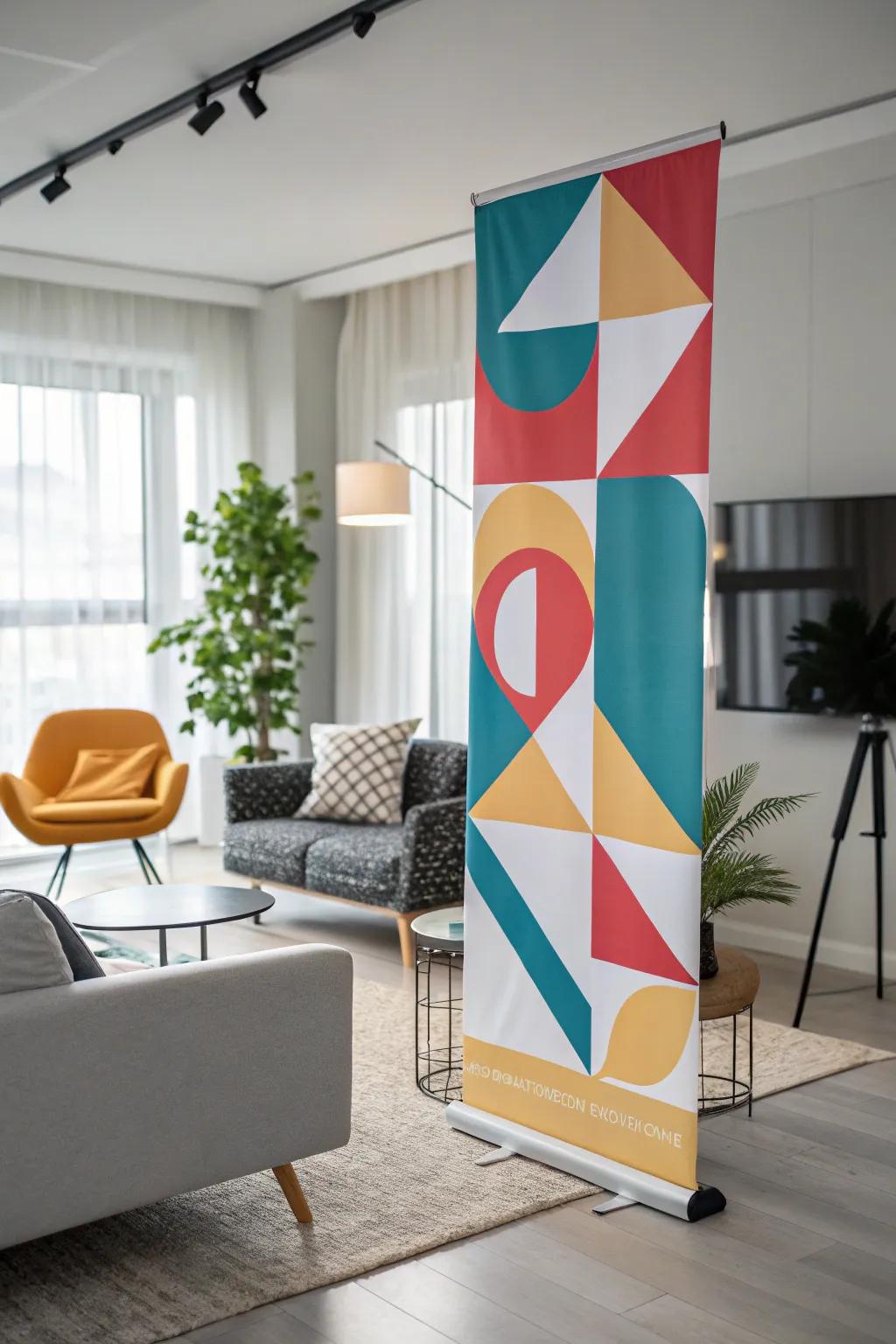 A vertical display featuring geometric designs injects modern style into a living room.