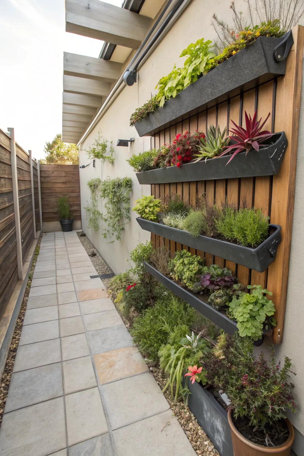 Upright gardens brimming with herbs and succulents adorn a patio facade.