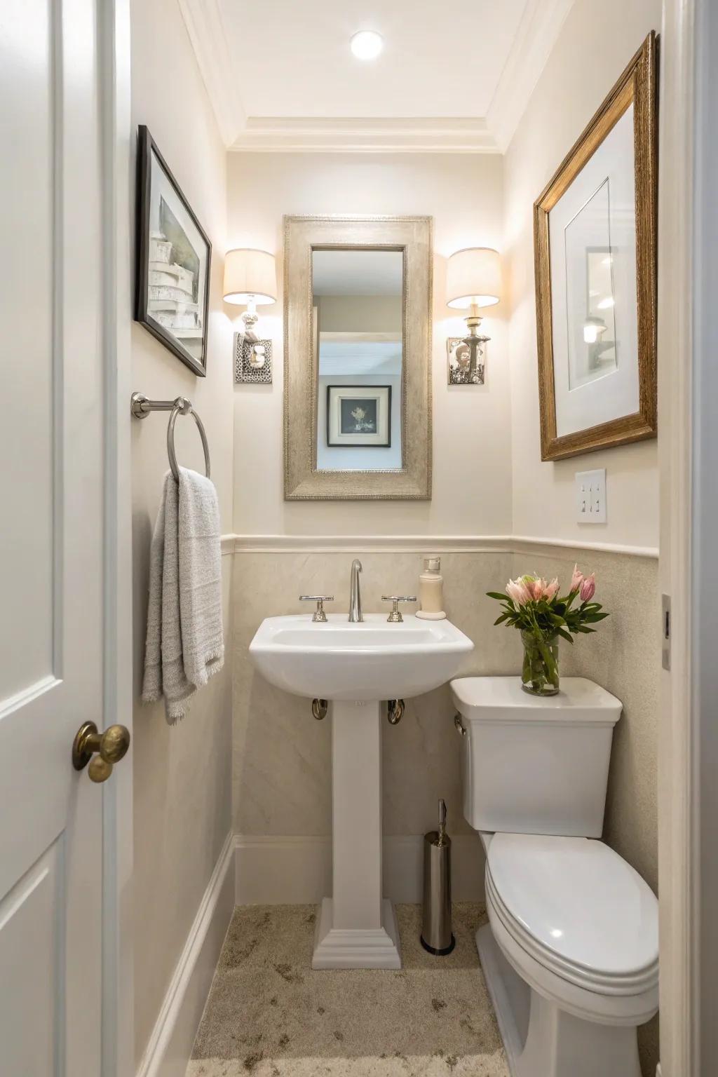 A sink affixed to the wall enhances both area and style within a compact bath.
