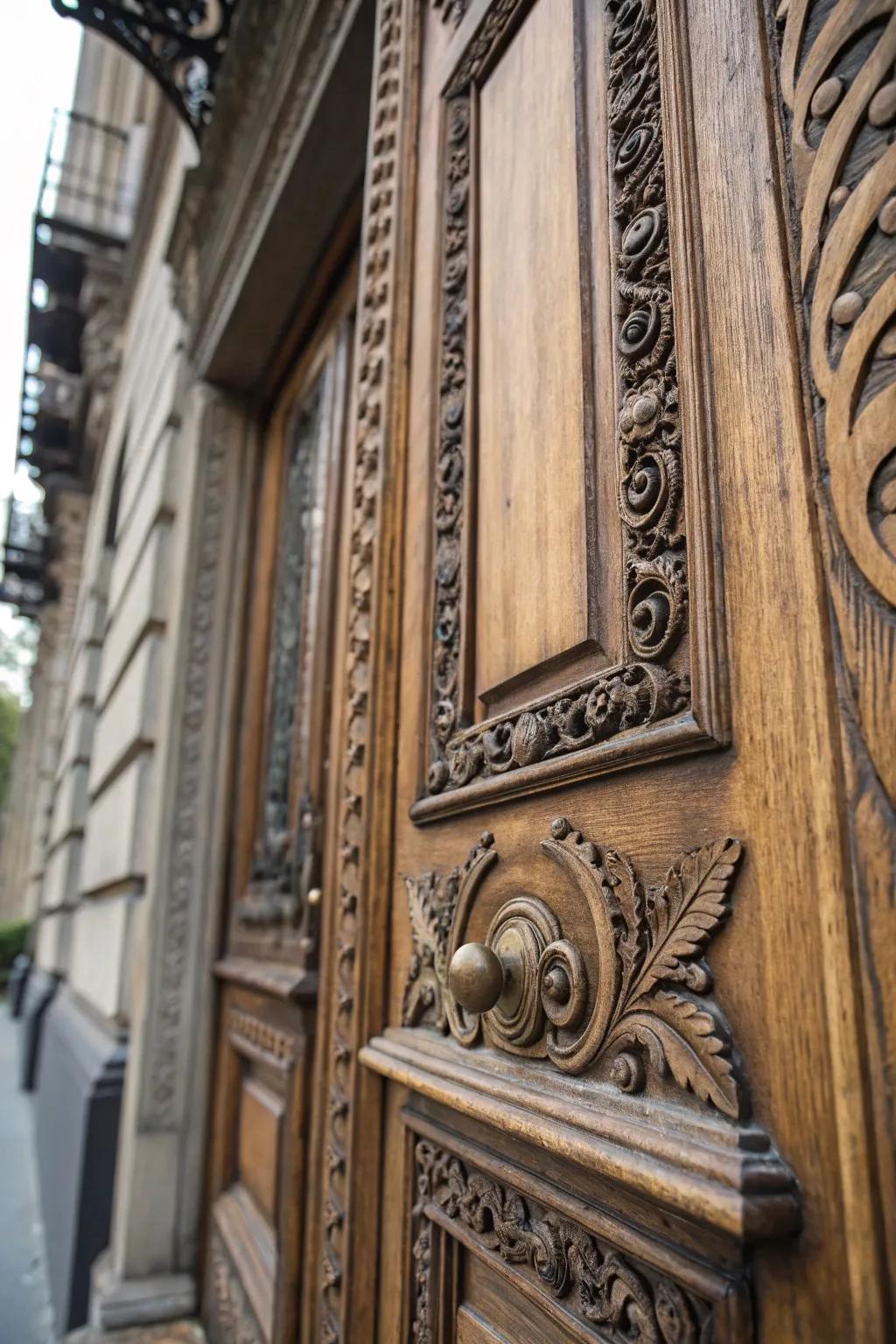 Detailed engravings give elegance to this Victorian front door.
