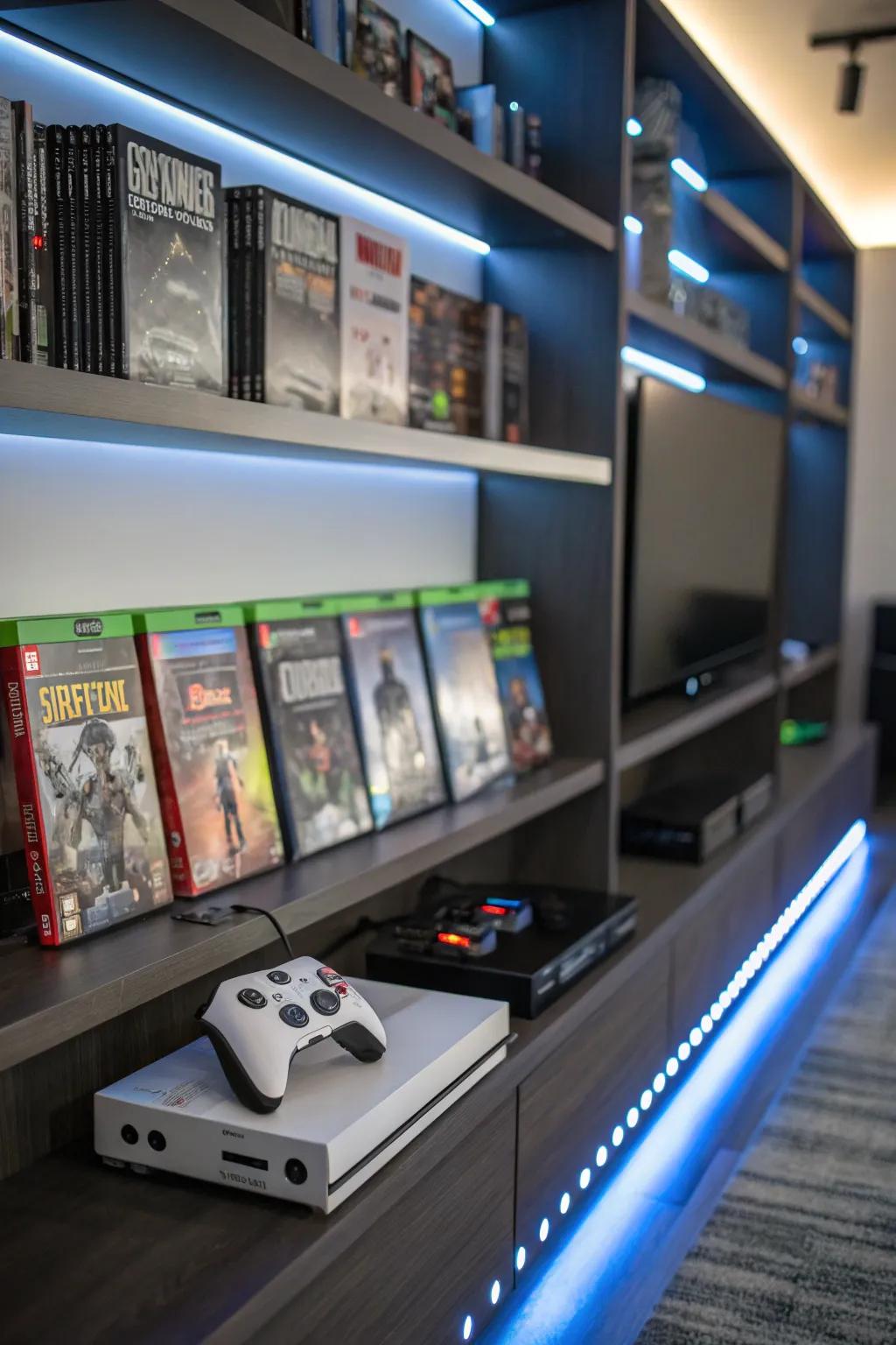 A game shelf featuring vibrant aura lighting to produce a striking effect.