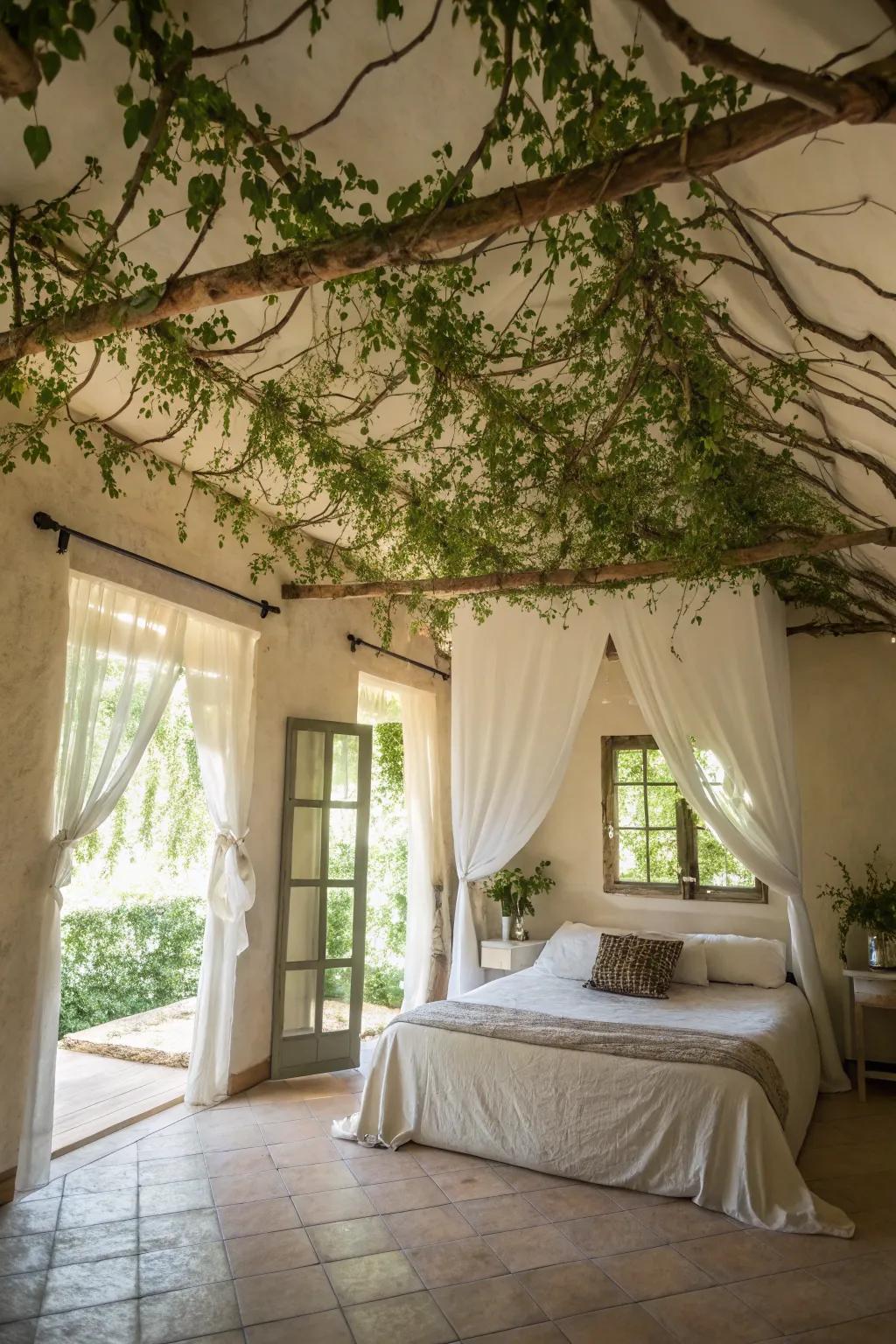 A bedroom transformed into a dreamy haven with a verdant cover.