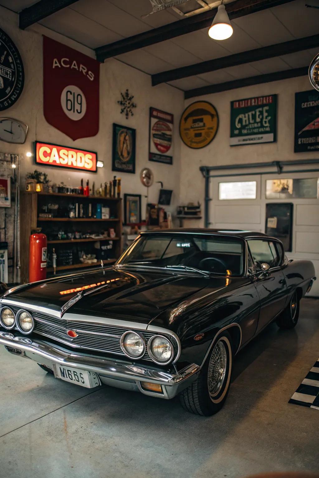 A timeless automobile takes center stage in a splendidly arranged vintage garage.