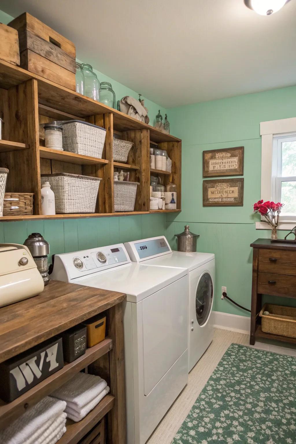 A laundry room featuring relaxing ocean mist walls and period decoration.