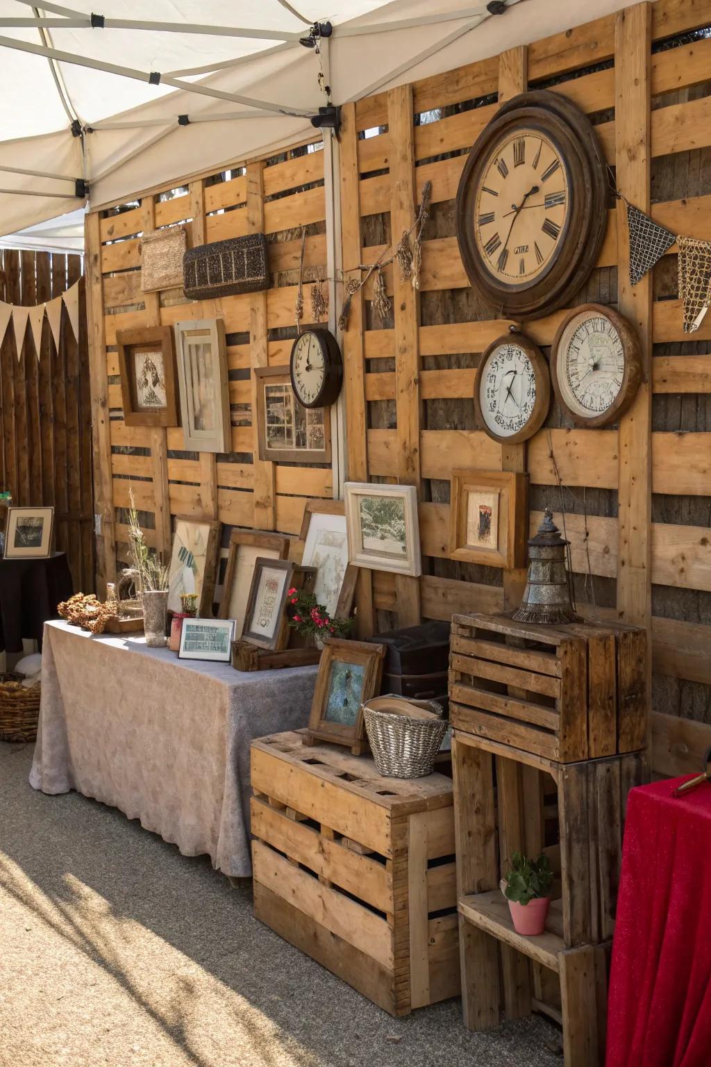 A country-style market booth showcasing wooden backdrops and vintage ornaments.