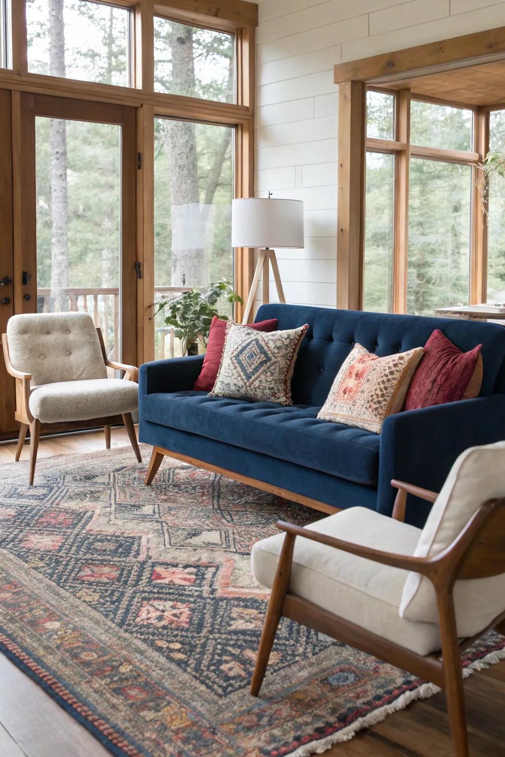 A blend of vintage and modern seating options creates a stylish living room atmosphere.