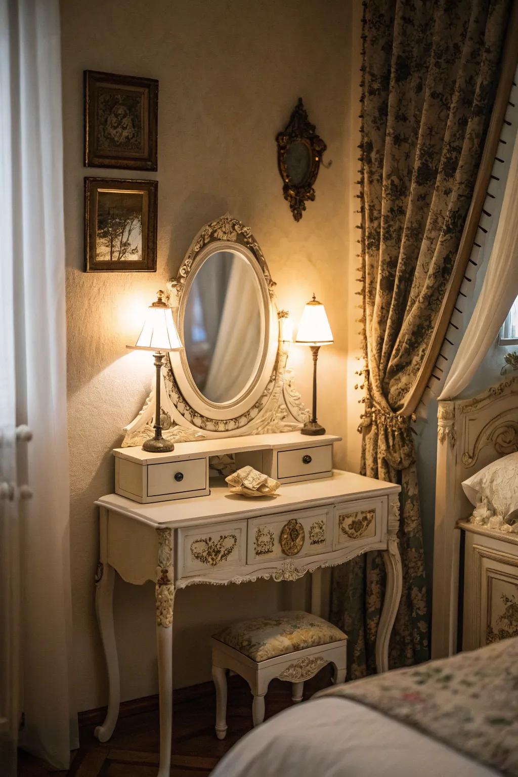 An ornate mirror lends a touch of eternal elegance to any vintage vanity.