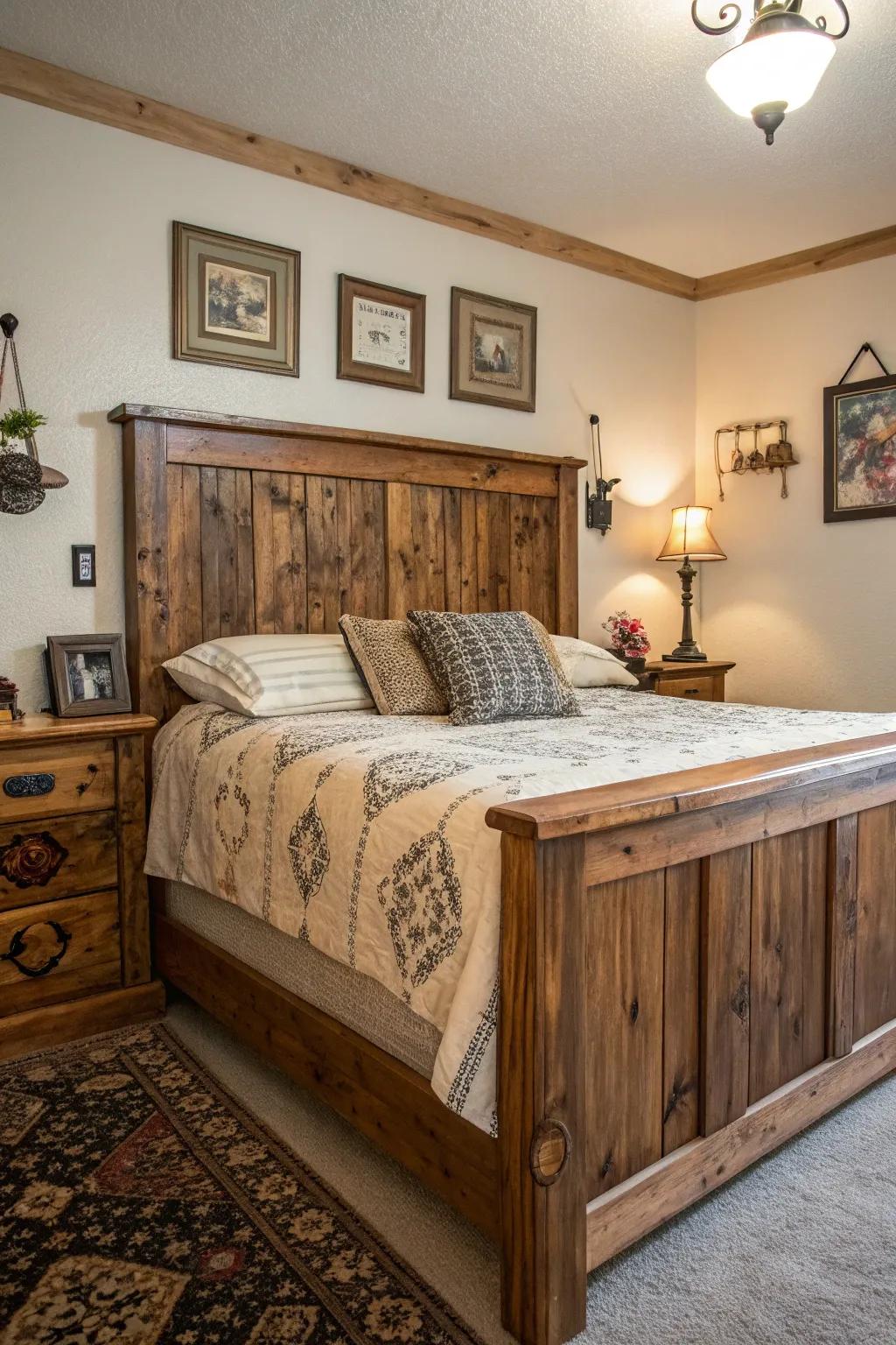 A country-style wooden headboard brings a sense of coziness and charm to your personal space.