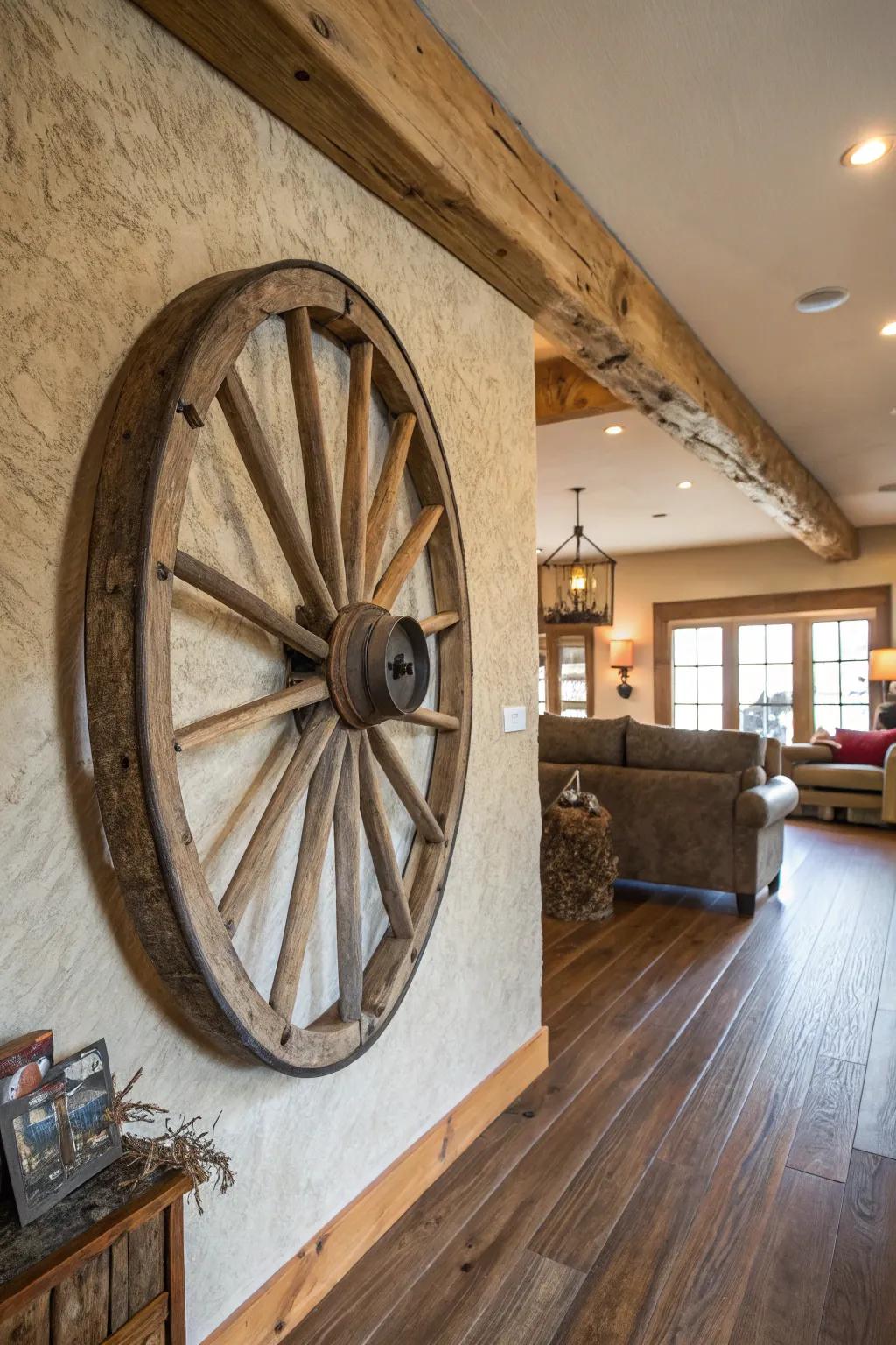 A cartwheel evolves into an engaging focal point in this homestead-inspired living space.