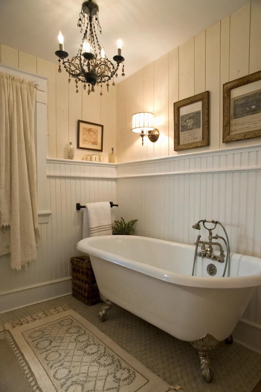Classic beadboard wainscoting introduces an enduring elegance to bathrooms.