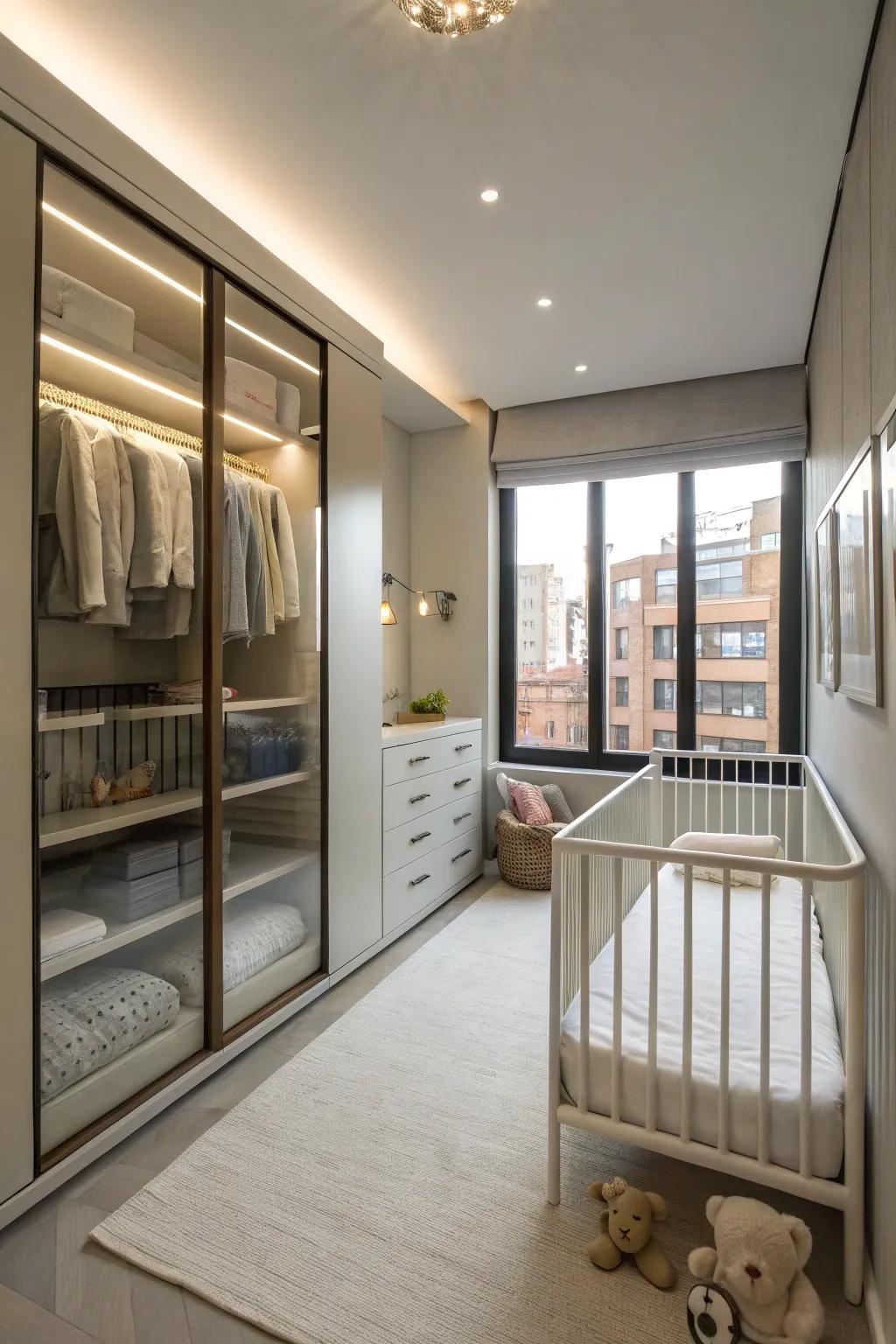 A small crib uses minimal space effectively.