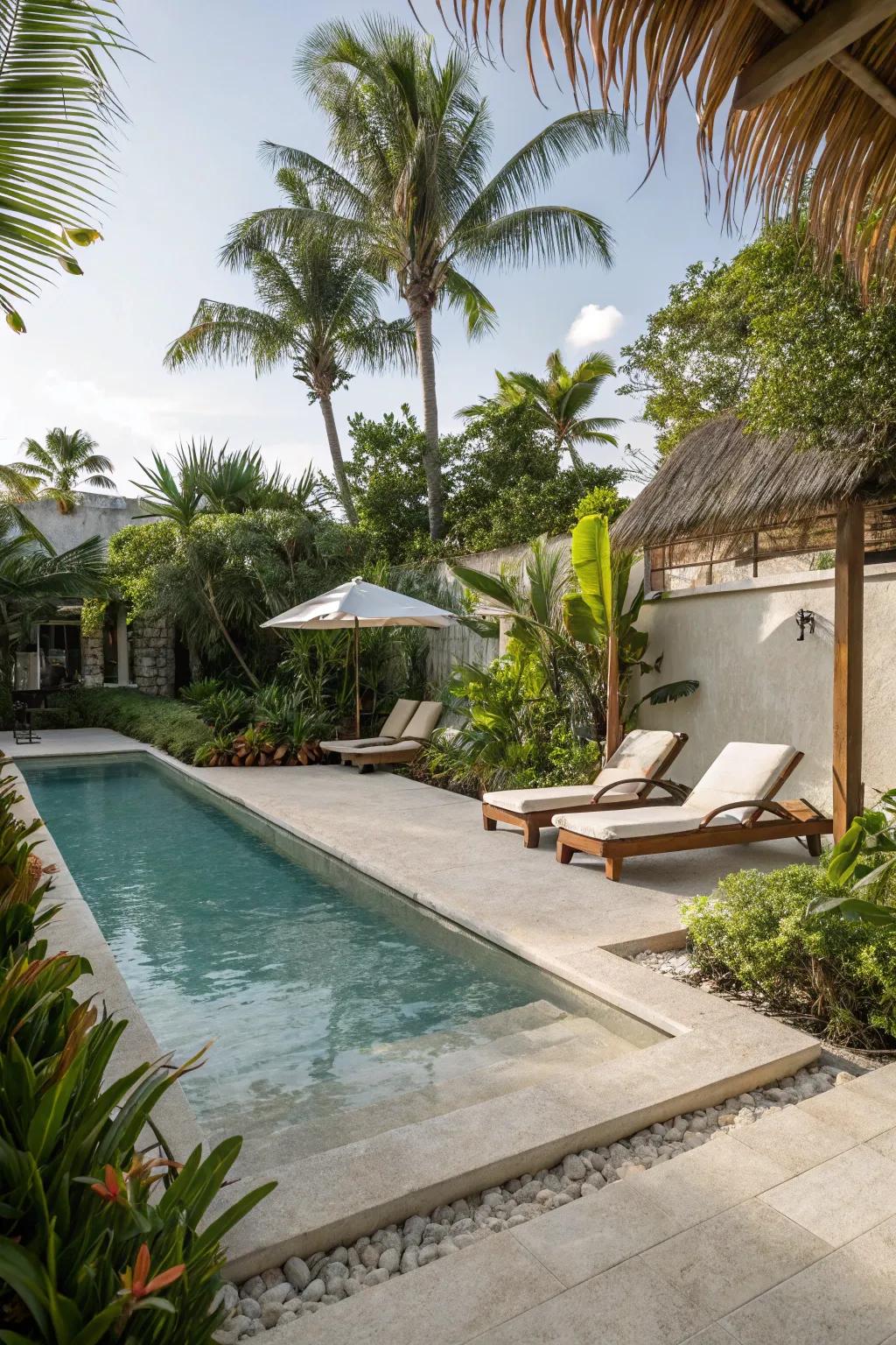A sloping entrance ensures a graceful transition from earth to water, creating the perfect setting for relaxation.