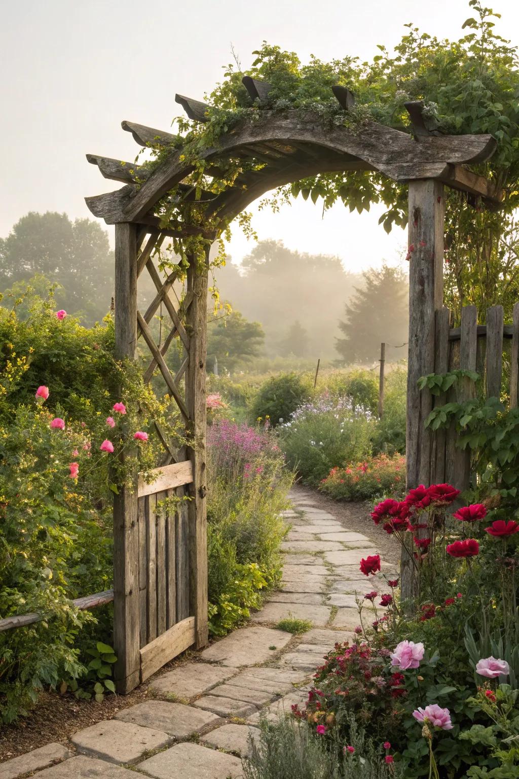 A country-style timber arch bestows enduring charm upon any garden route.