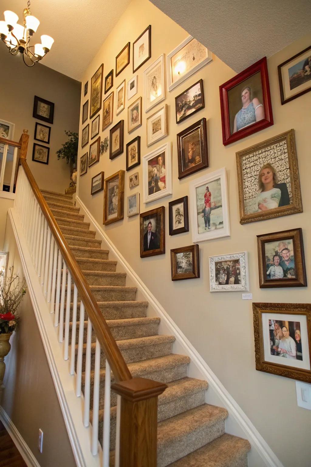 A gallery wall positioned above the stairs enriches your home with a personal sentiment.