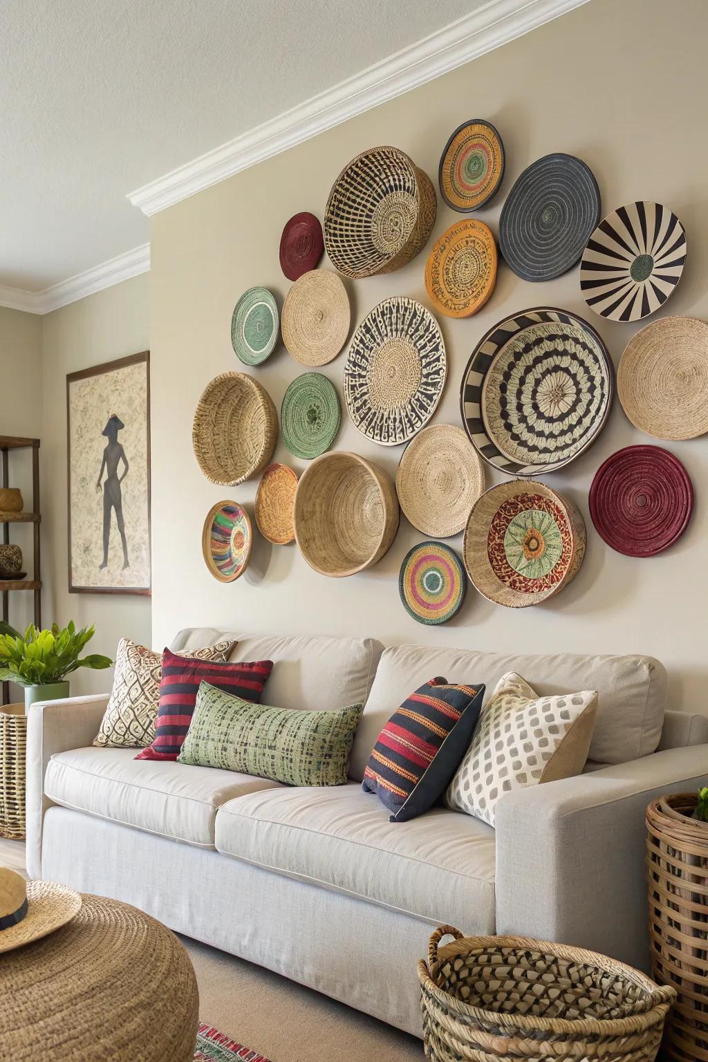 A basket feature wall enriches any area with texture and warmth.