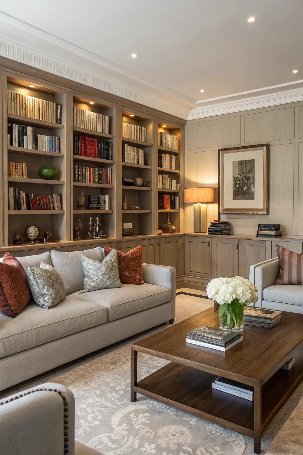 The smooth integration of bookshelves elevates the harmonious feel of your living space.