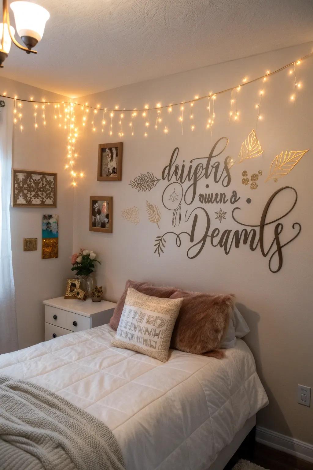 Bedroom wall adorned with refined quote appliqués, sparking a positive start to the day.
