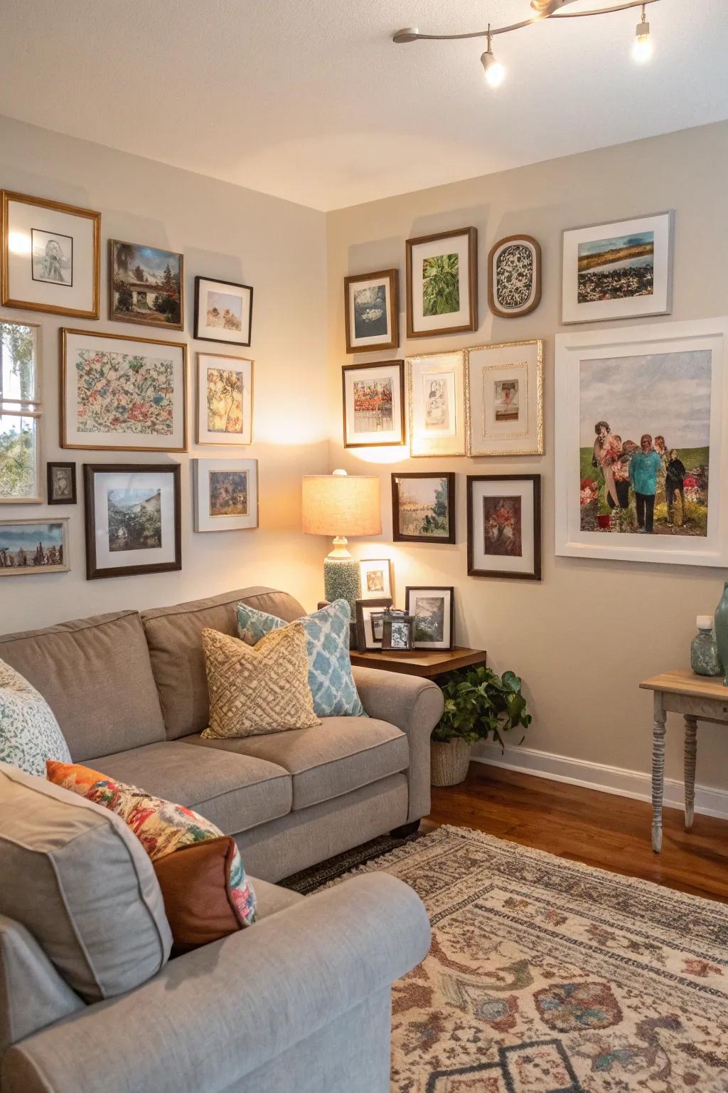 An energetic gallery wall brings individuality and charm.